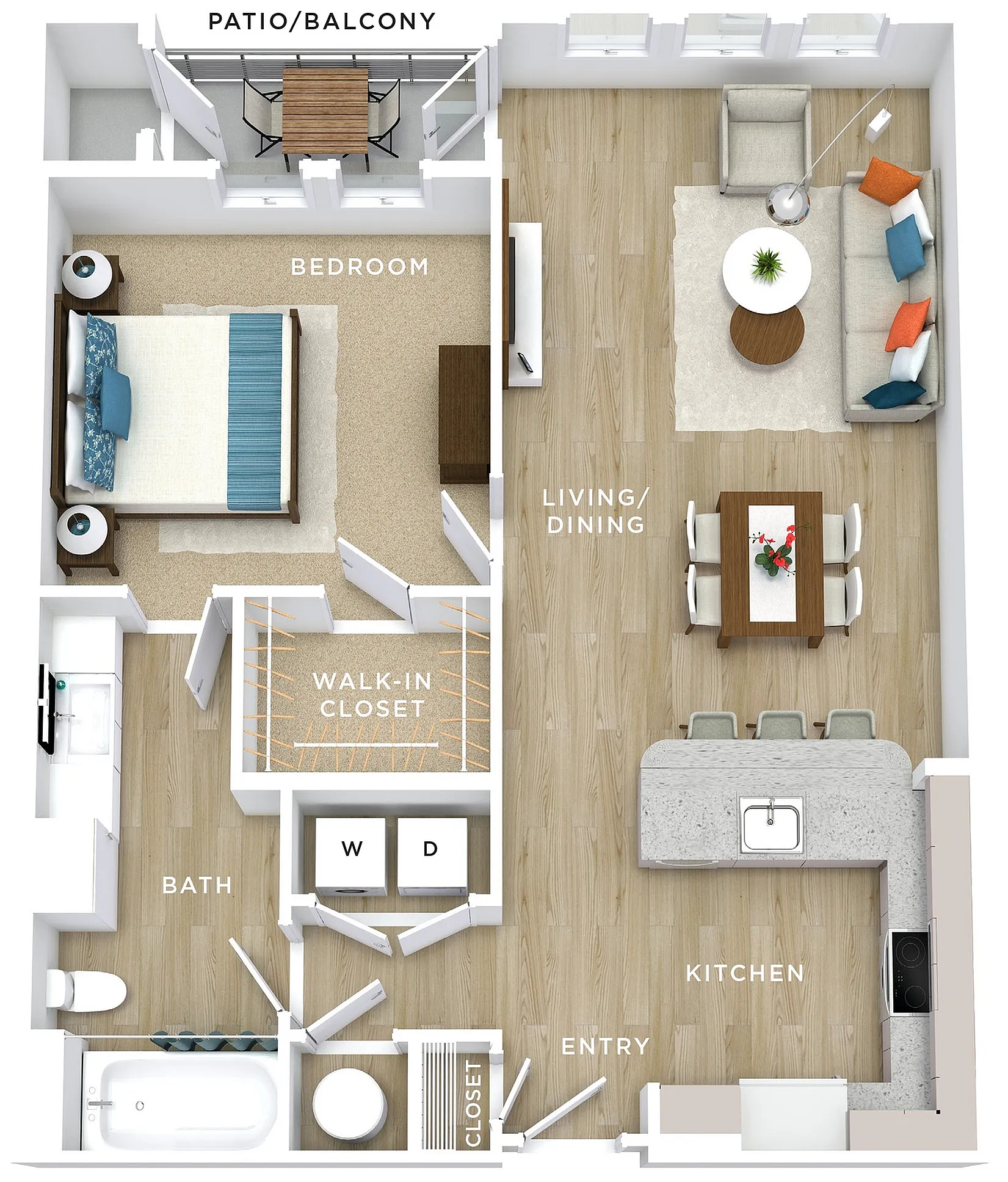 Modern apartment floor plan showcasing one bedroom with walk-in closet, spacious living and dining area, stylish kitchen, bath, and private patio/balcony.
