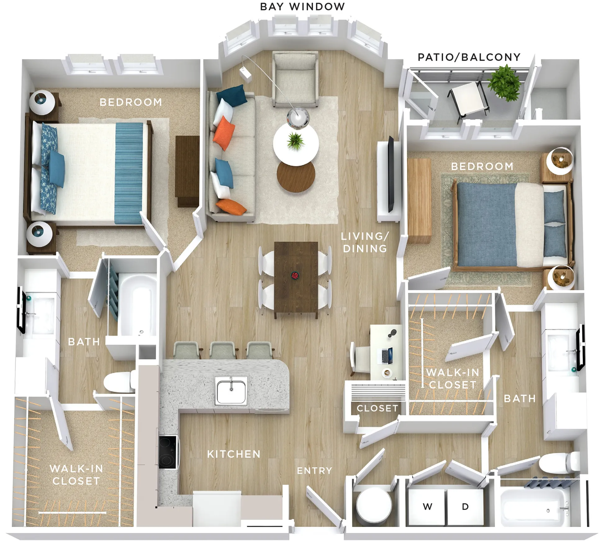 Elegant floor plan showcasing 2 bedrooms with walk-in closets, a spacious living/dining area with bay window, modern kitchen with island seating, and a private patio/balcony.