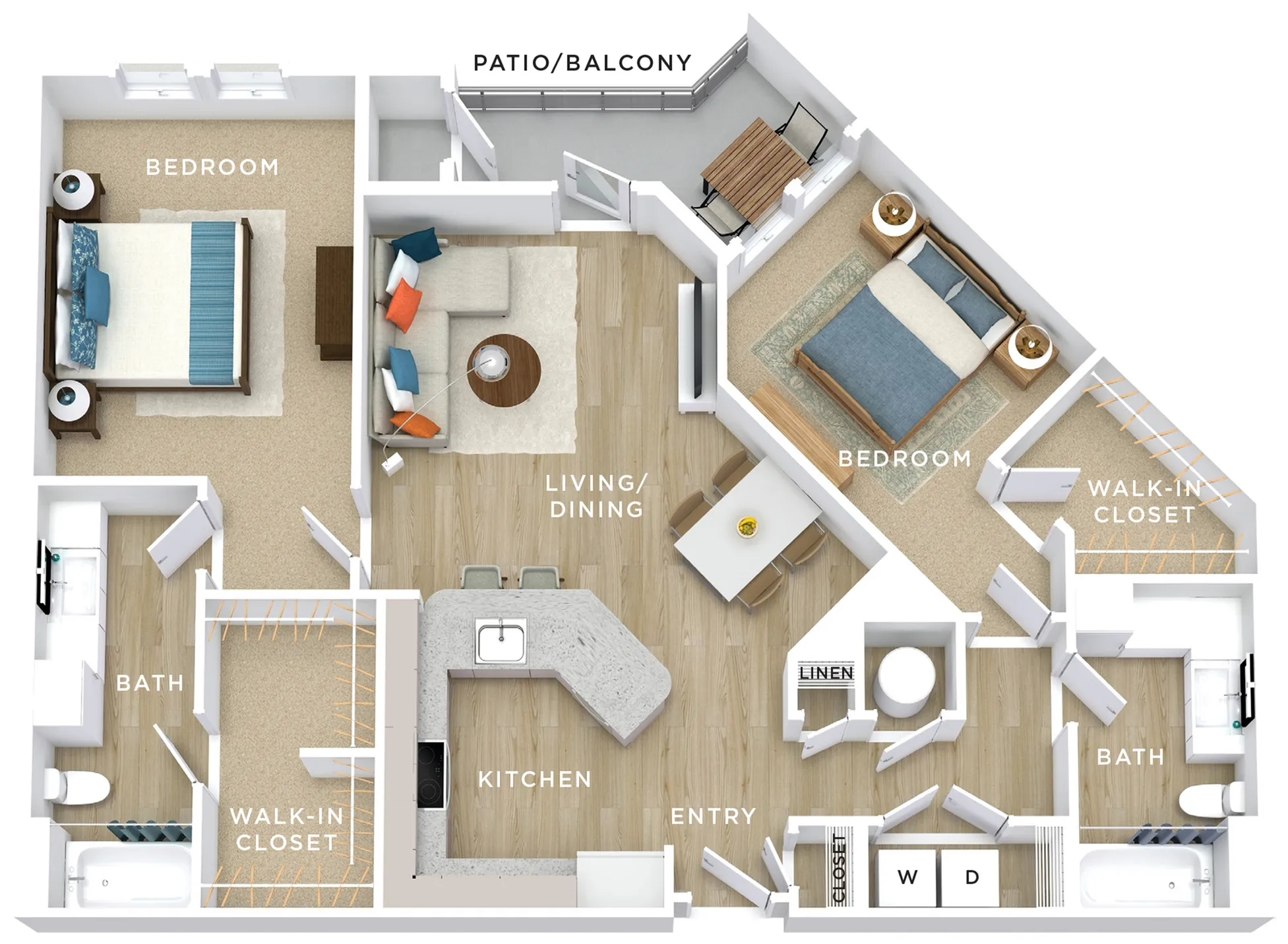 Modern apartment floor plan featuring 2 spacious bedrooms, open living and dining area, stylish kitchen, 2 baths, and a patio/balcony.