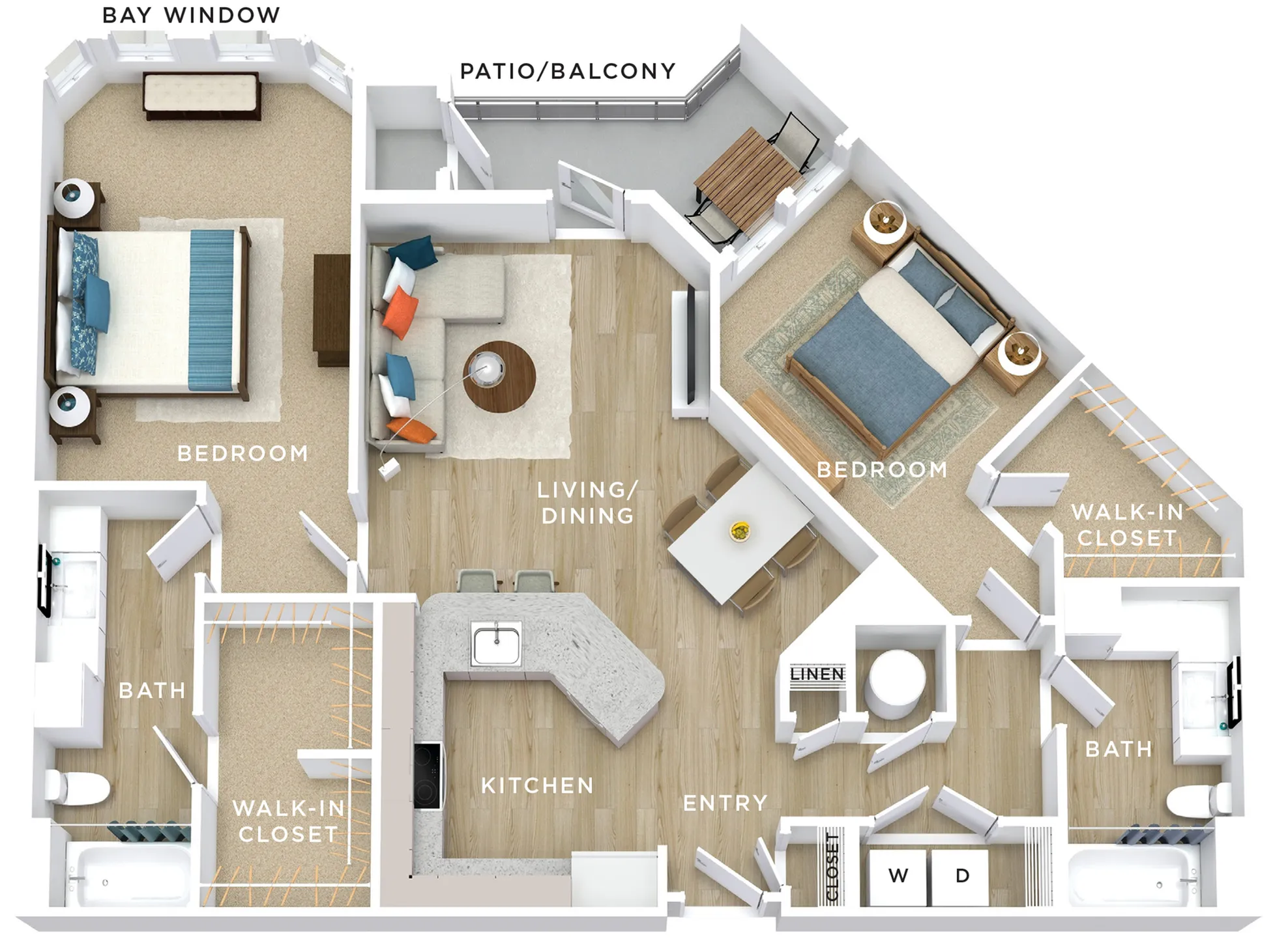 Modern 3D floor plan with two bedrooms, spacious living and dining area, elegant kitchen, two baths, walk-in closets, and a private patio/balcony.