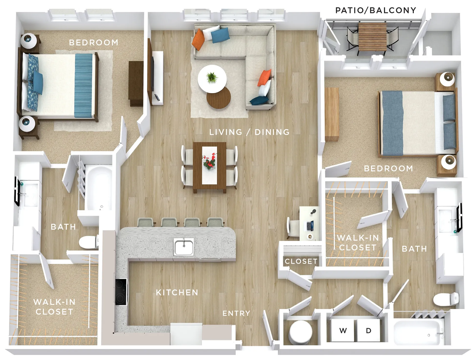 Modern 2D floor plan featuring two spacious bedrooms, open-concept living and dining area, stylish kitchen with bar seating, ample walk-in closets, and a cozy patio/balcony.