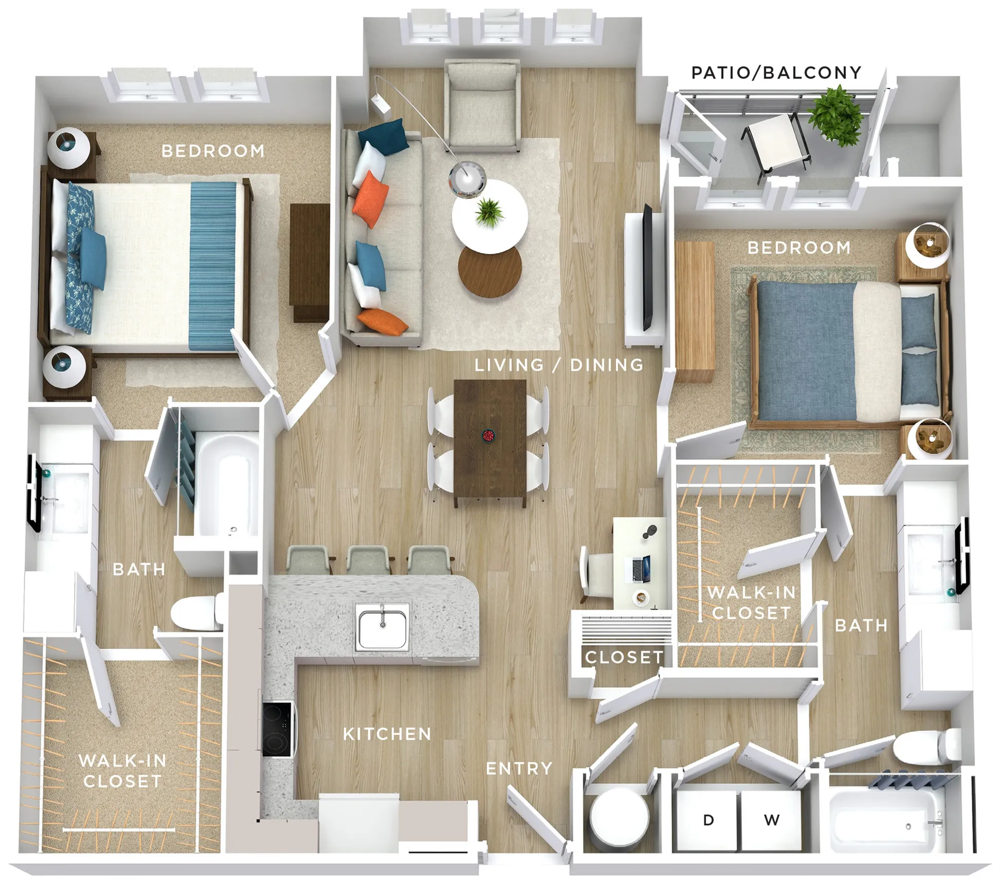 Contemporary 2D floor plan showcasing 2 spacious bedrooms, open-plan living and dining area, modern kitchen with island, 2 bathrooms, and private balcony.