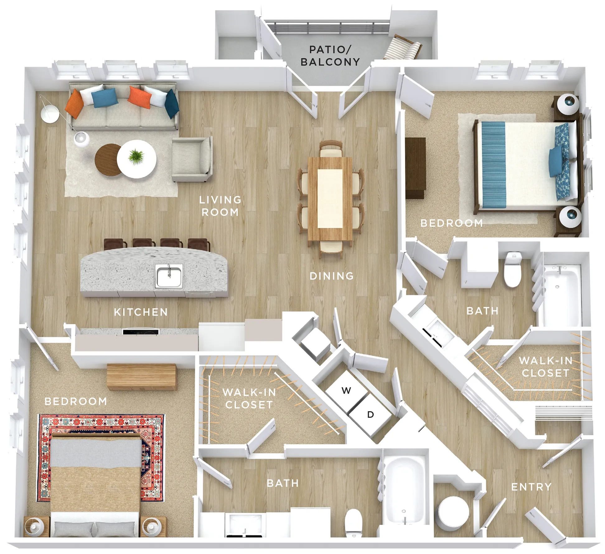 Chic and modern floor plan featuring 2 bedrooms, 2 bathrooms, a spacious living room, and stylish kitchen with bar seating. Includes dining area, walk-in closets, and a cozy patio/balcony.