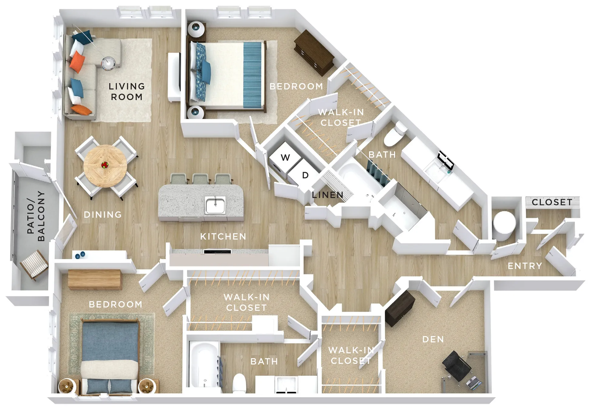 Modern 3D floor plan showcasing 2 bedrooms, open kitchen, cozy living room, den, and two baths with walk-in closets and a patio.