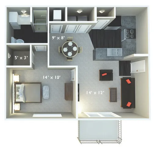 Modern 1-bedroom apartment floor plan with cozy living room, sleek kitchen, dining area, and private balcony.
