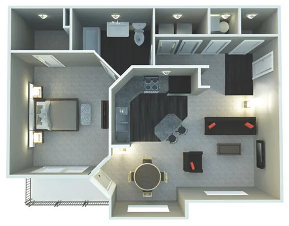 Charming 1-bedroom apartment floor plan showcasing a modern kitchen, cozy living area, spacious bathroom, and inviting dining nook.