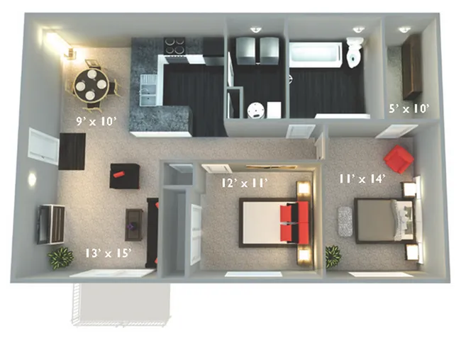 Modern 2-bedroom apartment floor plan with open-concept living area, sleek kitchen, and two stylish bathrooms.