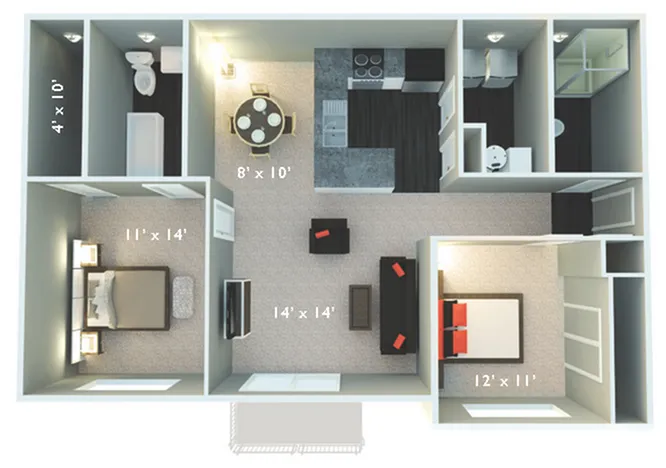 Modern floor plan featuring two spacious bedrooms, a chic open-concept living and dining area, and a sleek kitchen, offering contemporary comfort and style.