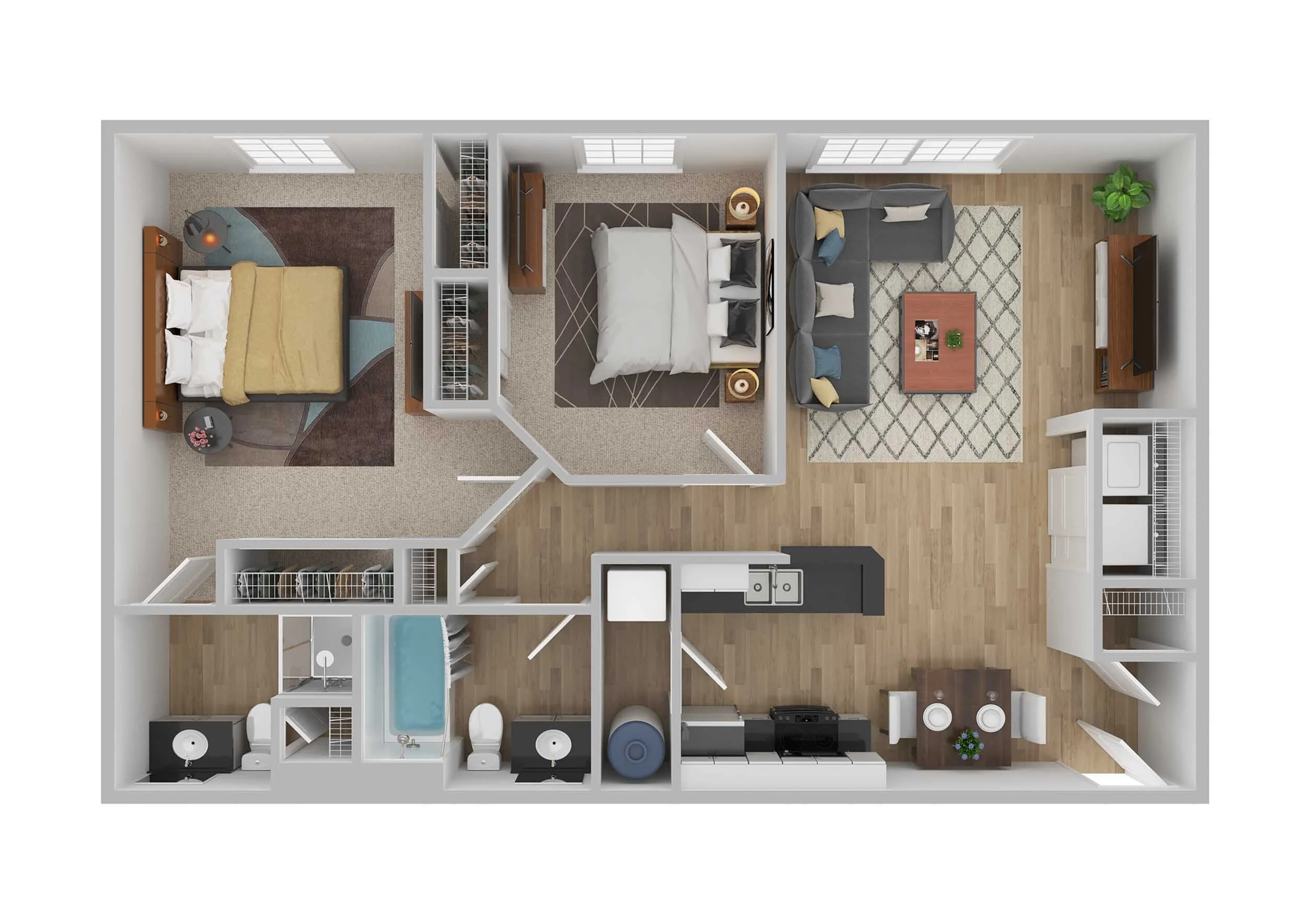 Modern floor plan featuring 2 bedrooms, spacious living area, stylish kitchen, and dual bathrooms, perfect for urban living.