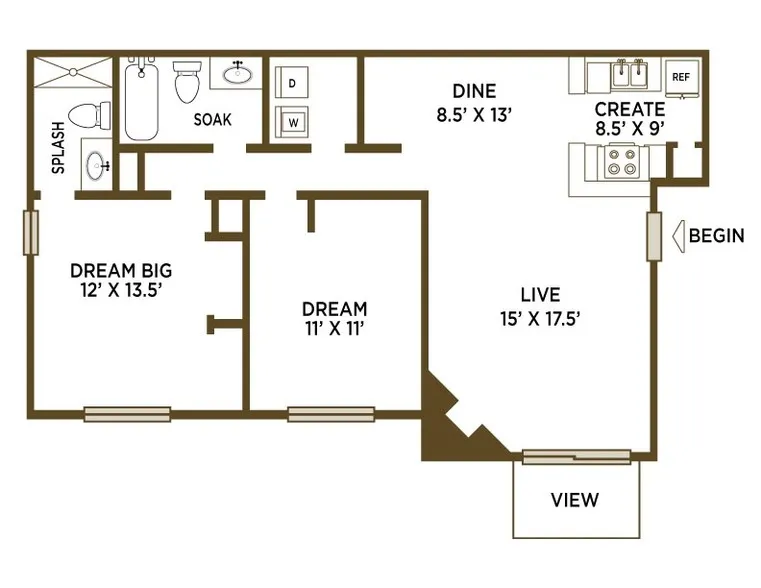 Inviting floor plan with two spacious bedrooms, an elegant kitchen, open dine area, and a bright living room leading to a scenic view.