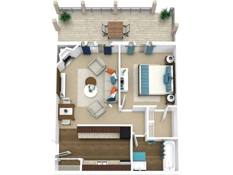 Modern floor plan showcasing 1 bedroom, cozy living area, and open kitchen leading to a stylish balcony.