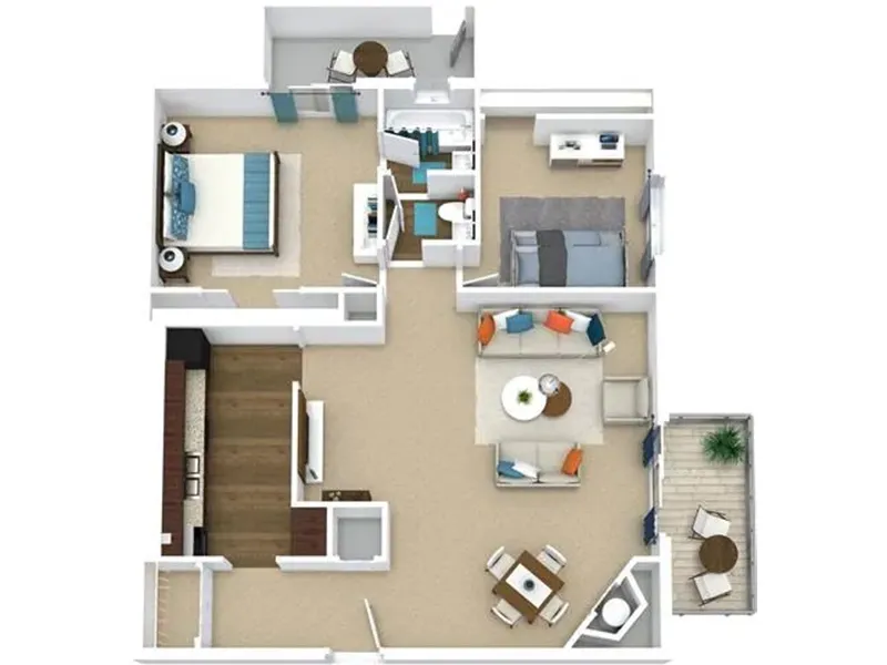 Contemporary 3D apartment floor plan featuring 2 bedrooms, a stylish living area, modern kitchen, and cozy balcony.