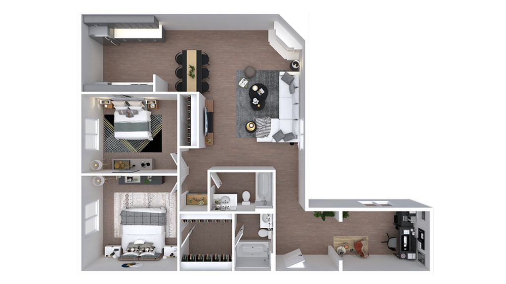 Modern L-shaped 2-bedroom apartment floor plan featuring spacious living room, stylish kitchen, and two elegant bathrooms.