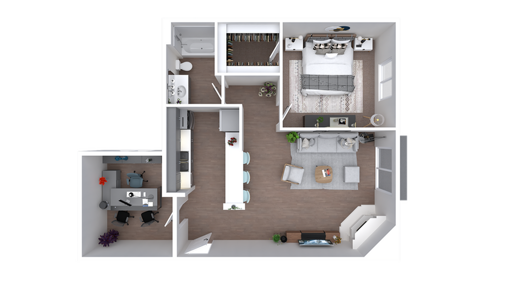 Modern apartment floor plan featuring a spacious bedroom, sleek kitchen with breakfast bar, cozy living room, home office space, and a luxurious bathroom.