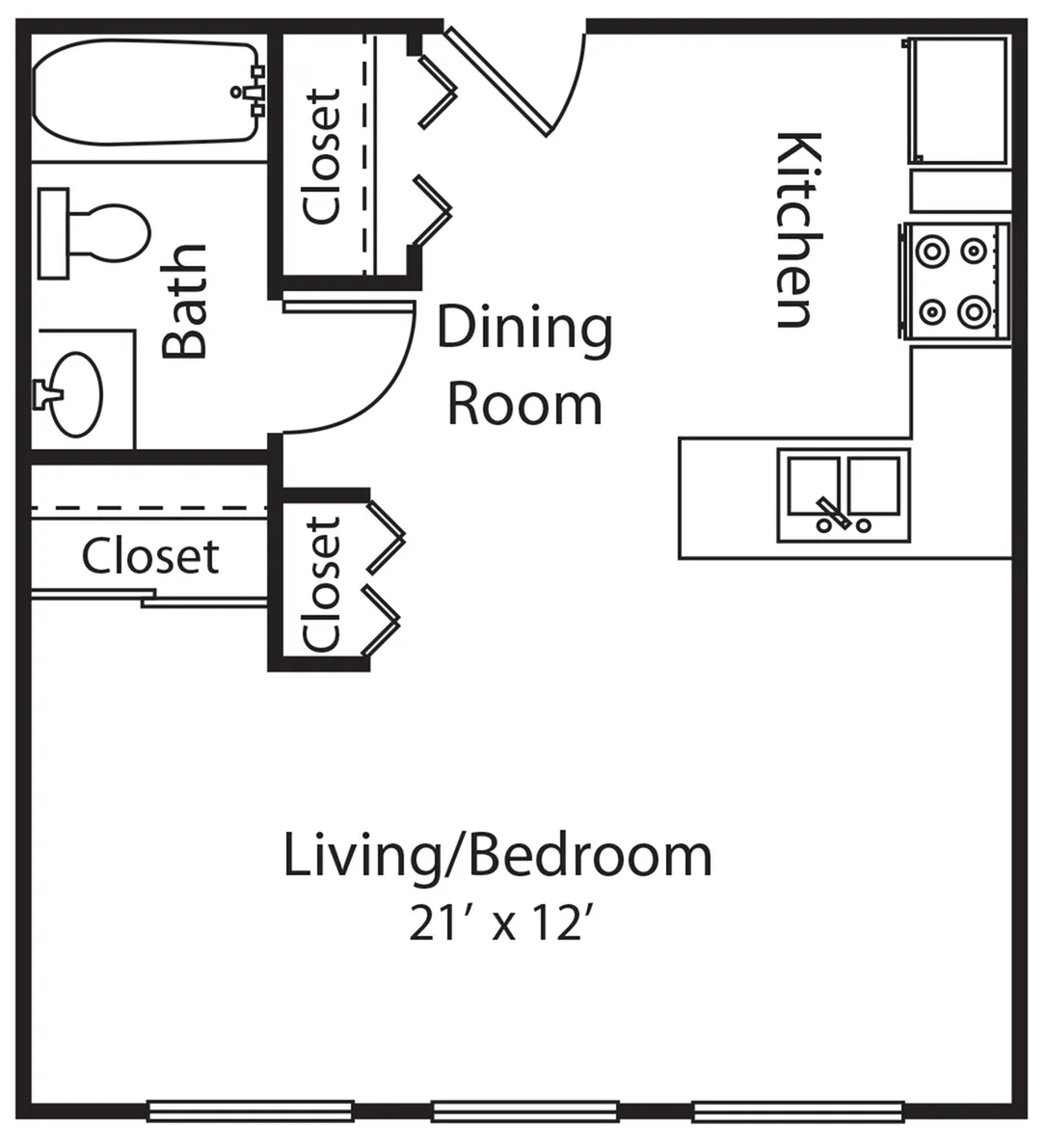 Modern studio floor plan featuring a versatile living/bedroom area, dining room, and efficient kitchen layout with ample closets.