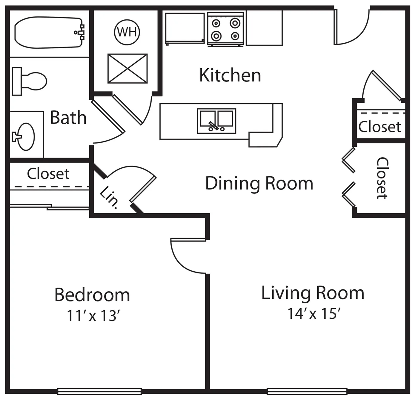 Modern 2D floor plan with a spacious kitchen, dining room, and inviting living room. Cozy bedroom adjacent to a full bath, ample closet space, designed for optimal living.