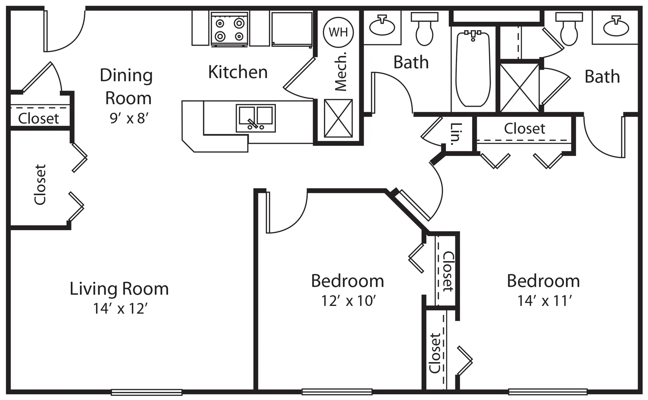 Modern floor plan featuring a spacious living room, two cozy bedrooms, a well-equipped kitchen, dining area, and dual bathrooms. Ideal for comfortable living with ample closet space.