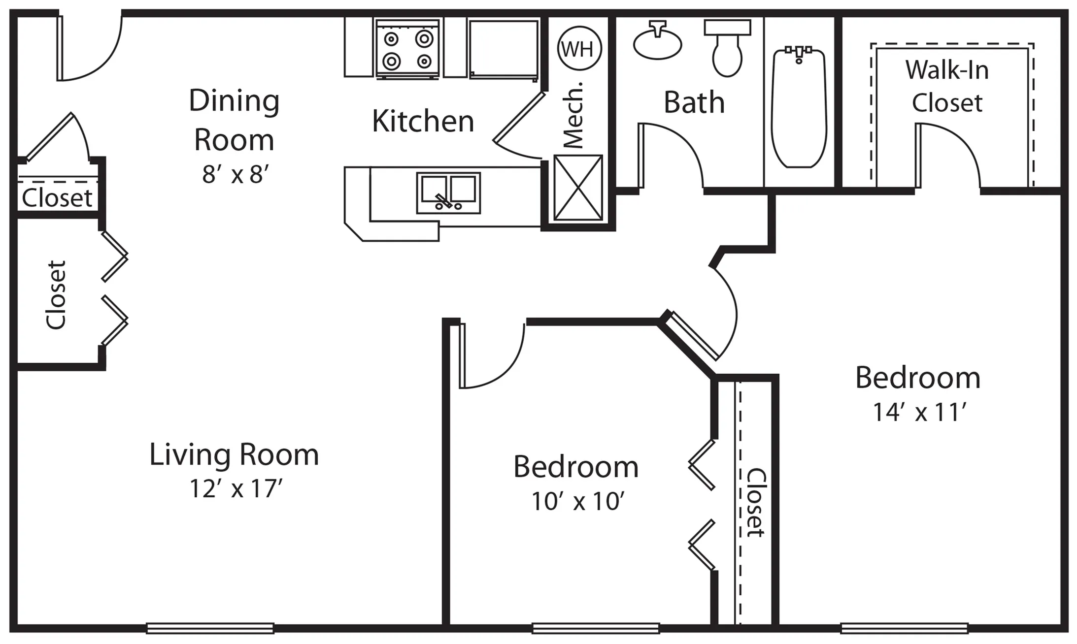 Inviting floor plan featuring two bedrooms, a spacious living room, open dining area, modern kitchen, and a walk-in closet for abundant storage.