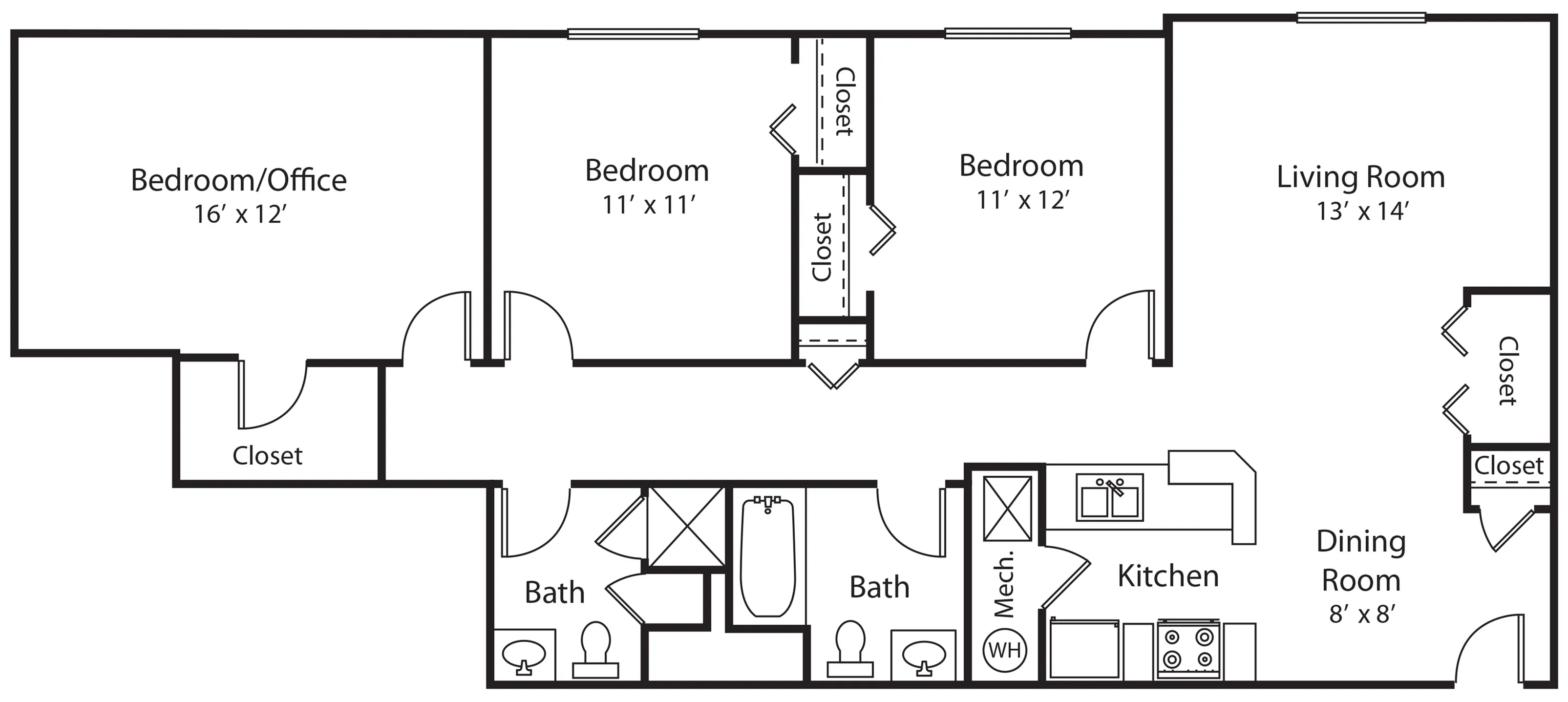 Modern floor plan featuring 3 bedrooms, spacious living room, and a well-equipped kitchen with dining area.