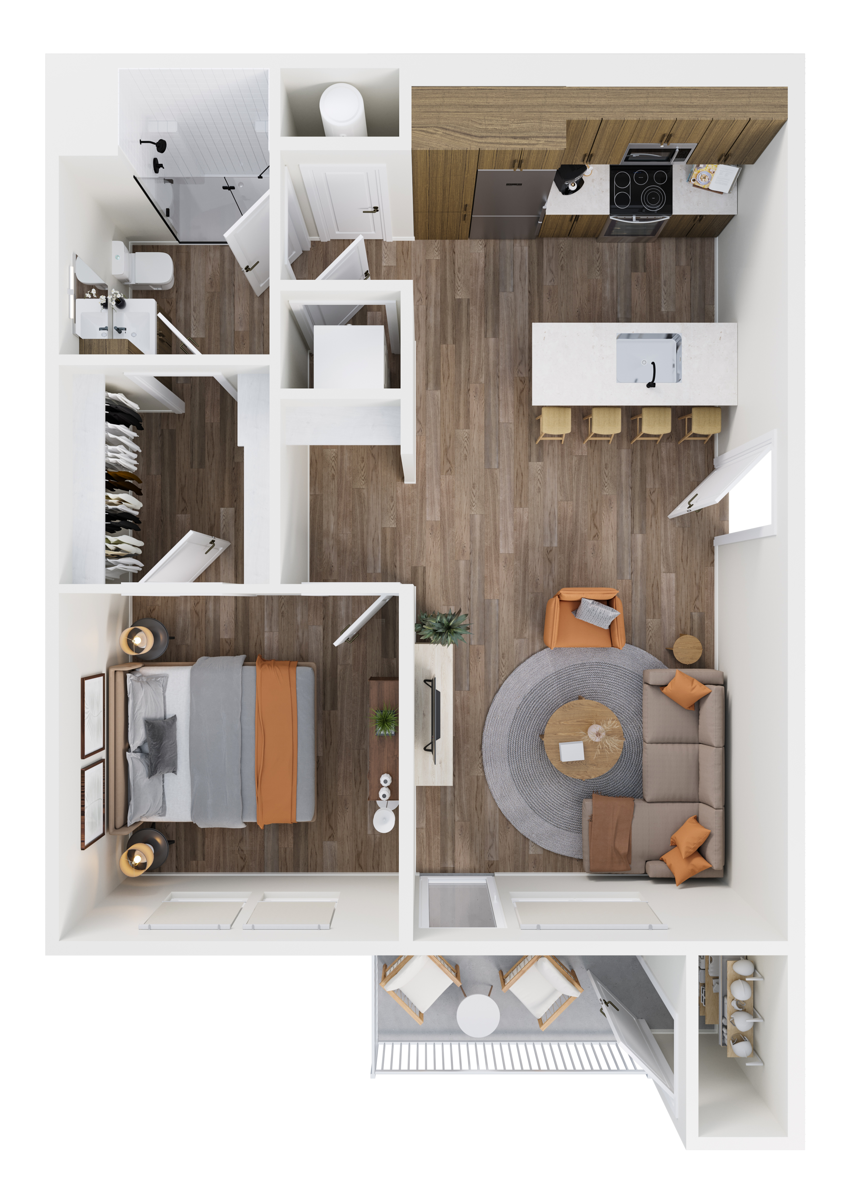 Bird's-eye view of a one-bedroom apartment with an open living room, modern kitchen, and balcony.