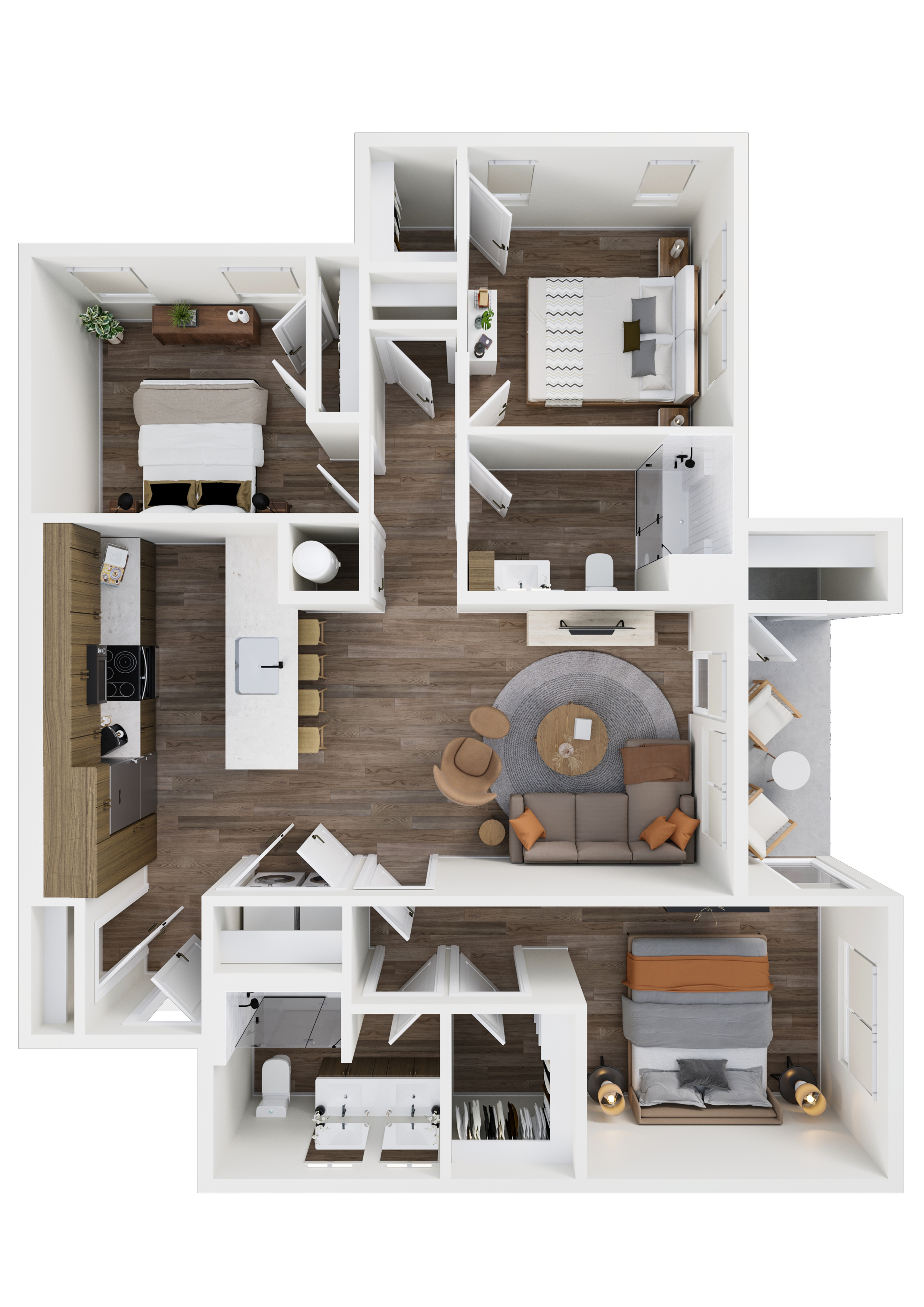 3D floor plan of a modern apartment featuring two bedrooms, an open living area, and a state-of-the-art kitchen.