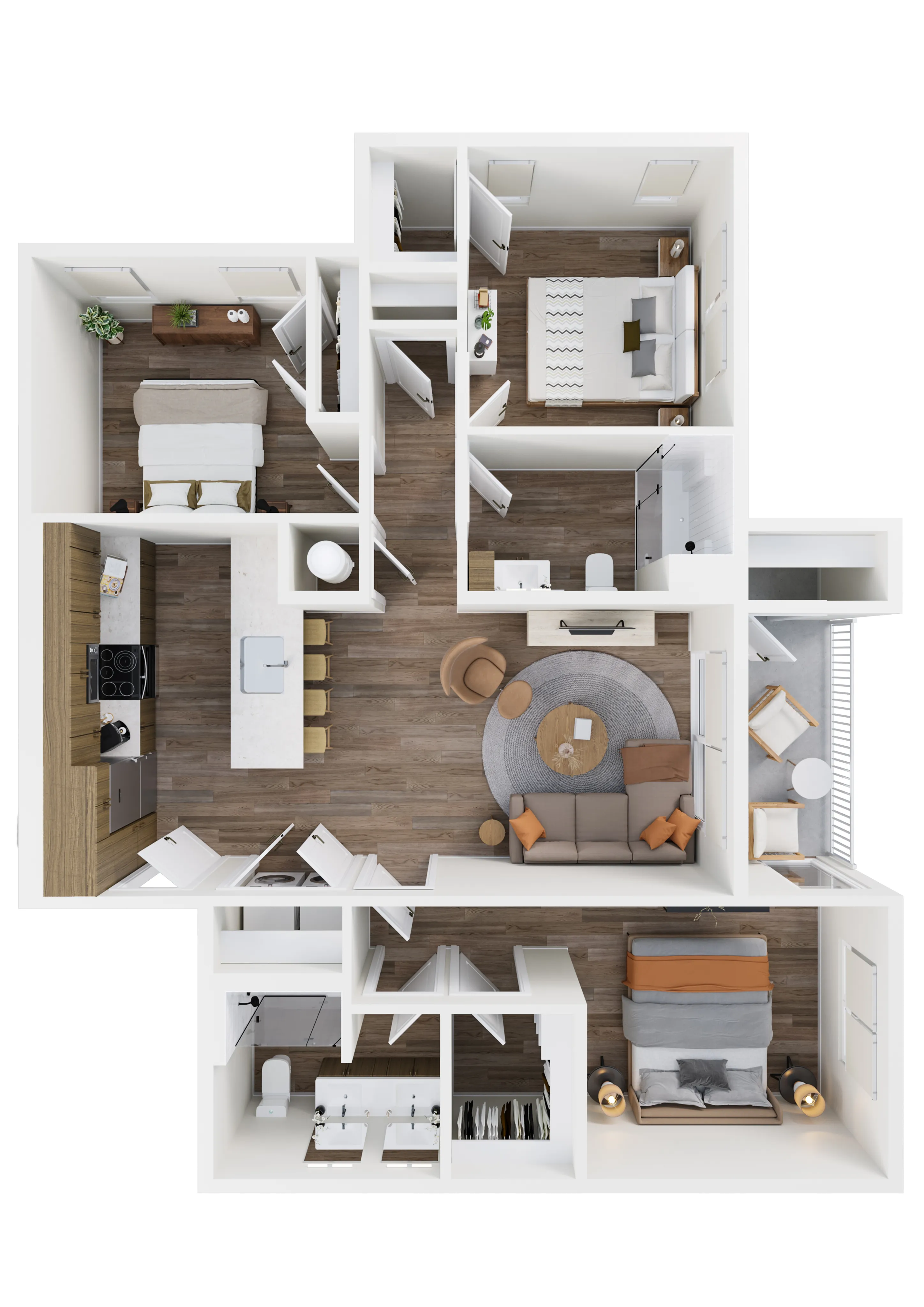 Elegant 3D floor plan featuring two bedrooms, a modern kitchen, and an open living area with stylish furnishings.