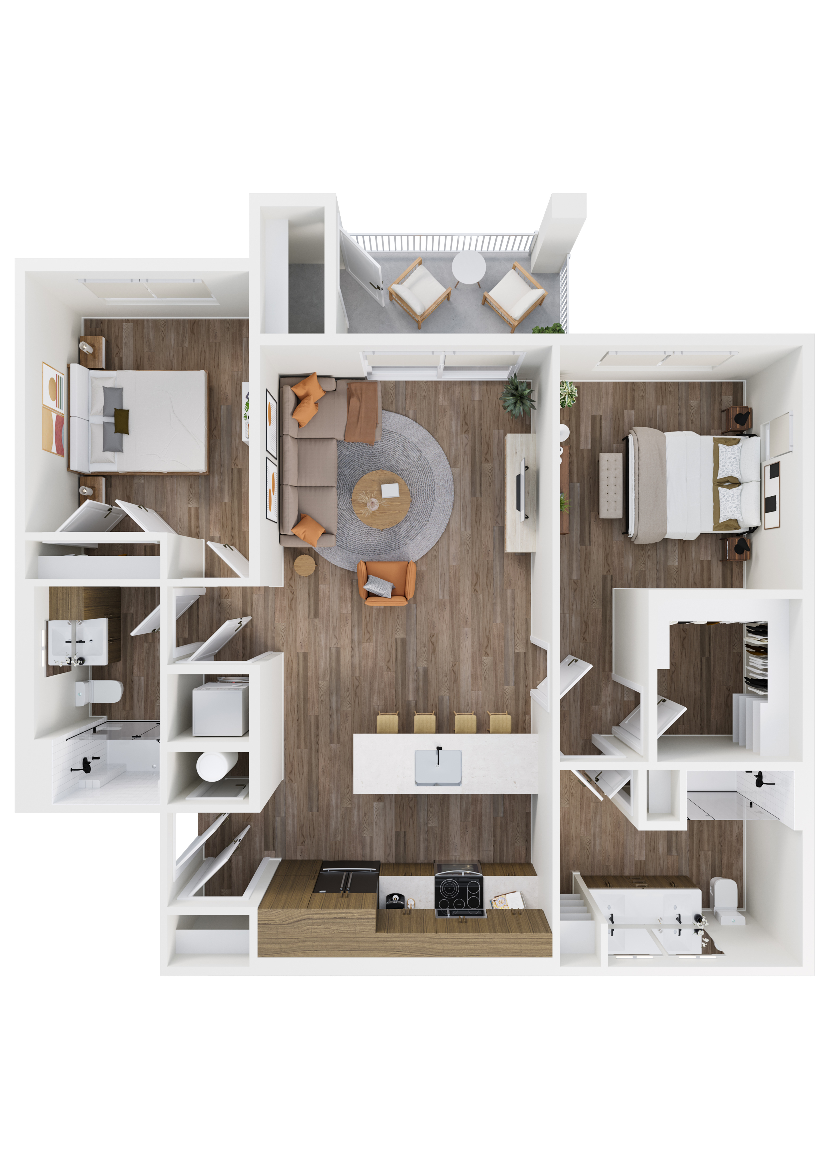 3D floor plan showcasing two bedrooms, open living area with kitchen, and a balcony.