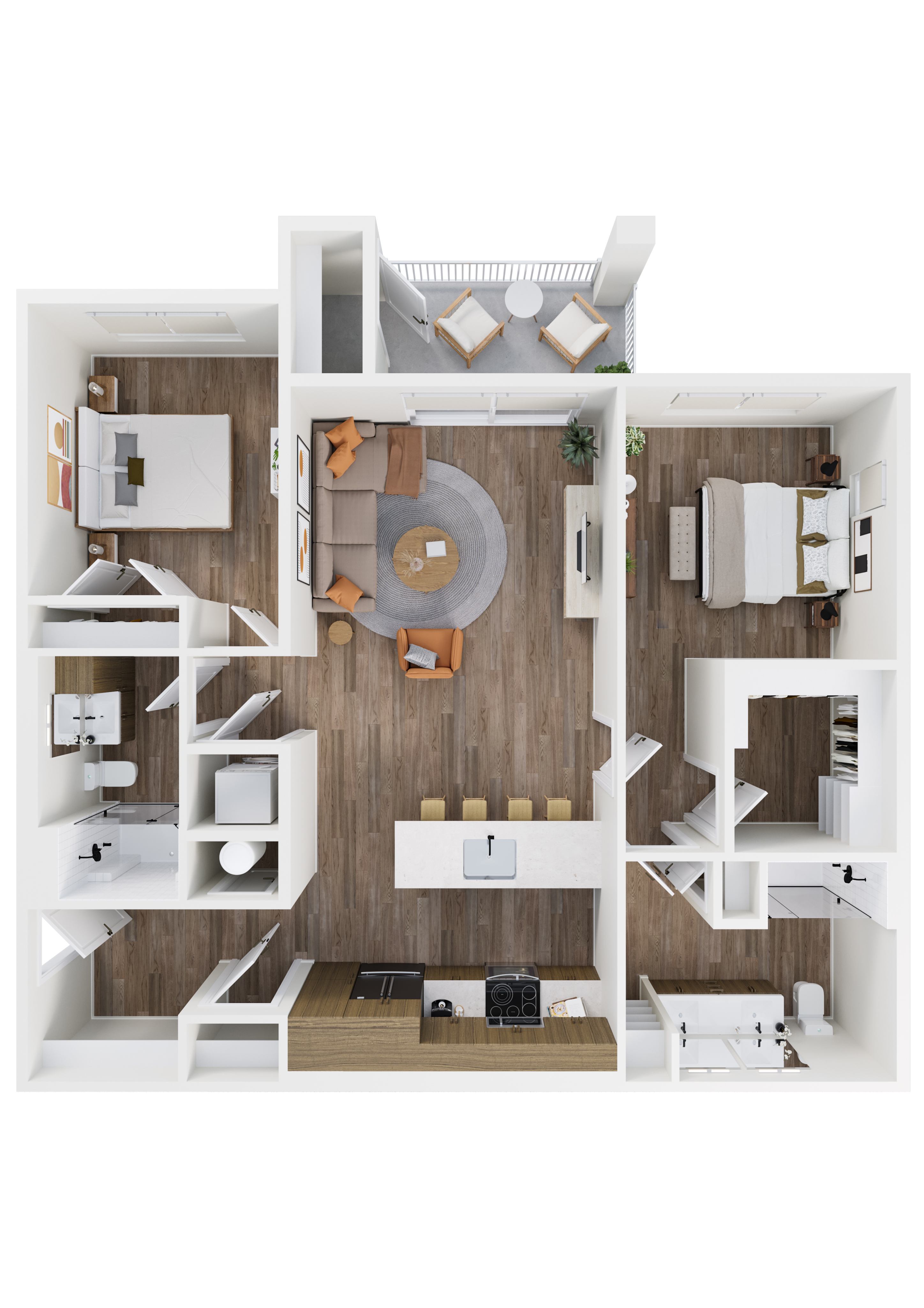 Stylish floor plan displaying two bedrooms, an open living and dining space, and a modern kitchen.