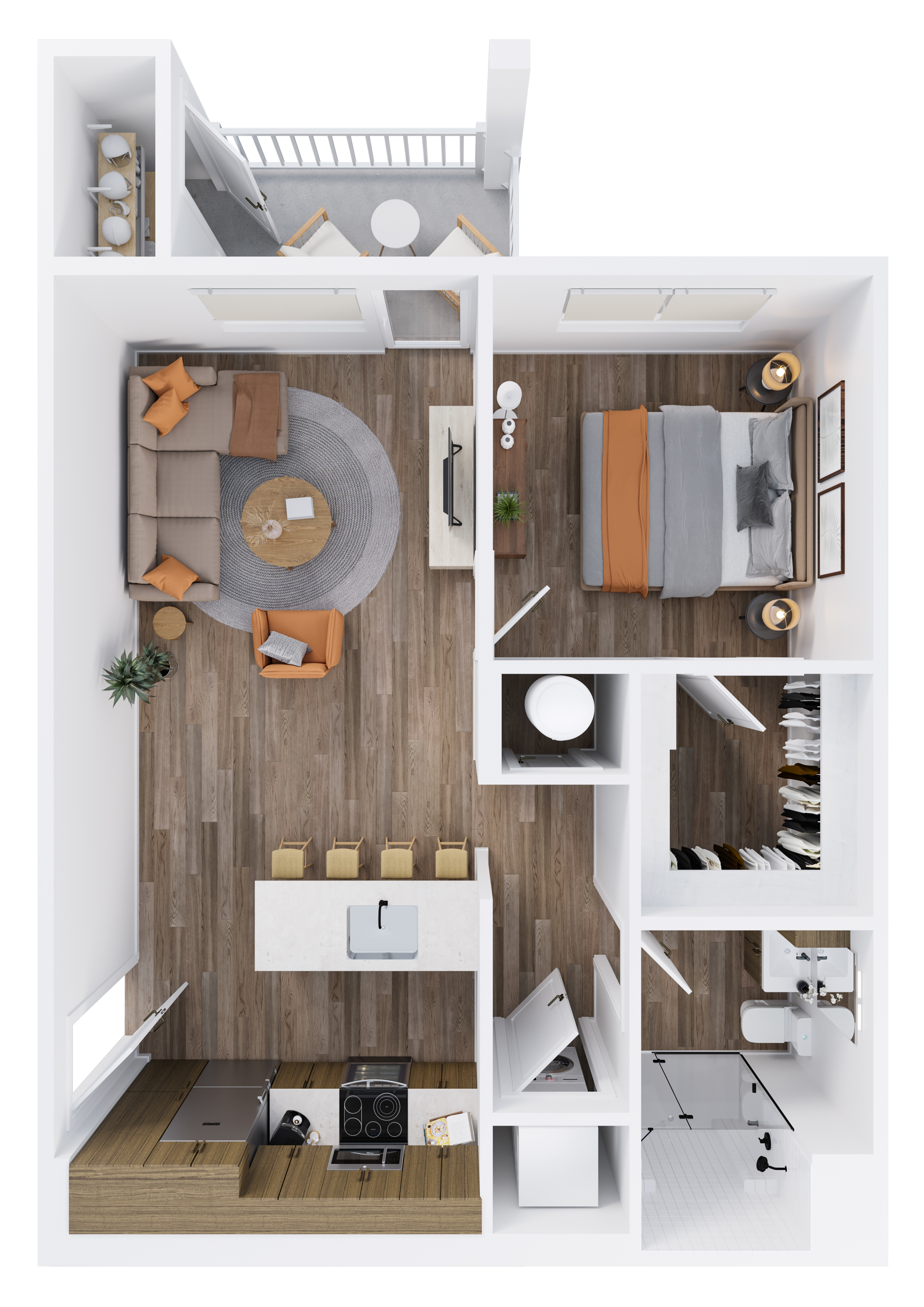 Inviting 3D floor plan showcasing 1 bedroom, open living area, kitchen, and balcony.