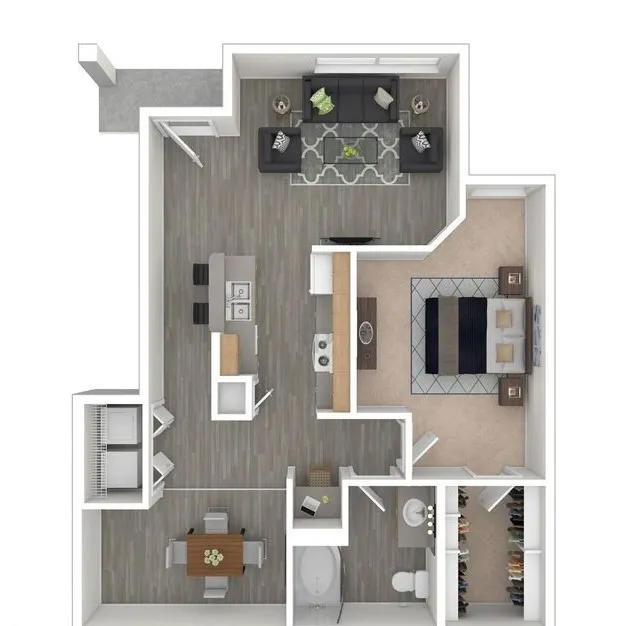 Contemporary floor plan featuring a spacious bedroom, modern kitchen, open living area, and dining space.