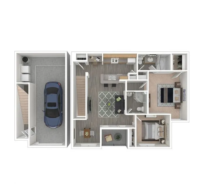 Modern 3D floor plan featuring two bedrooms, a spacious living area, and an integrated garage.