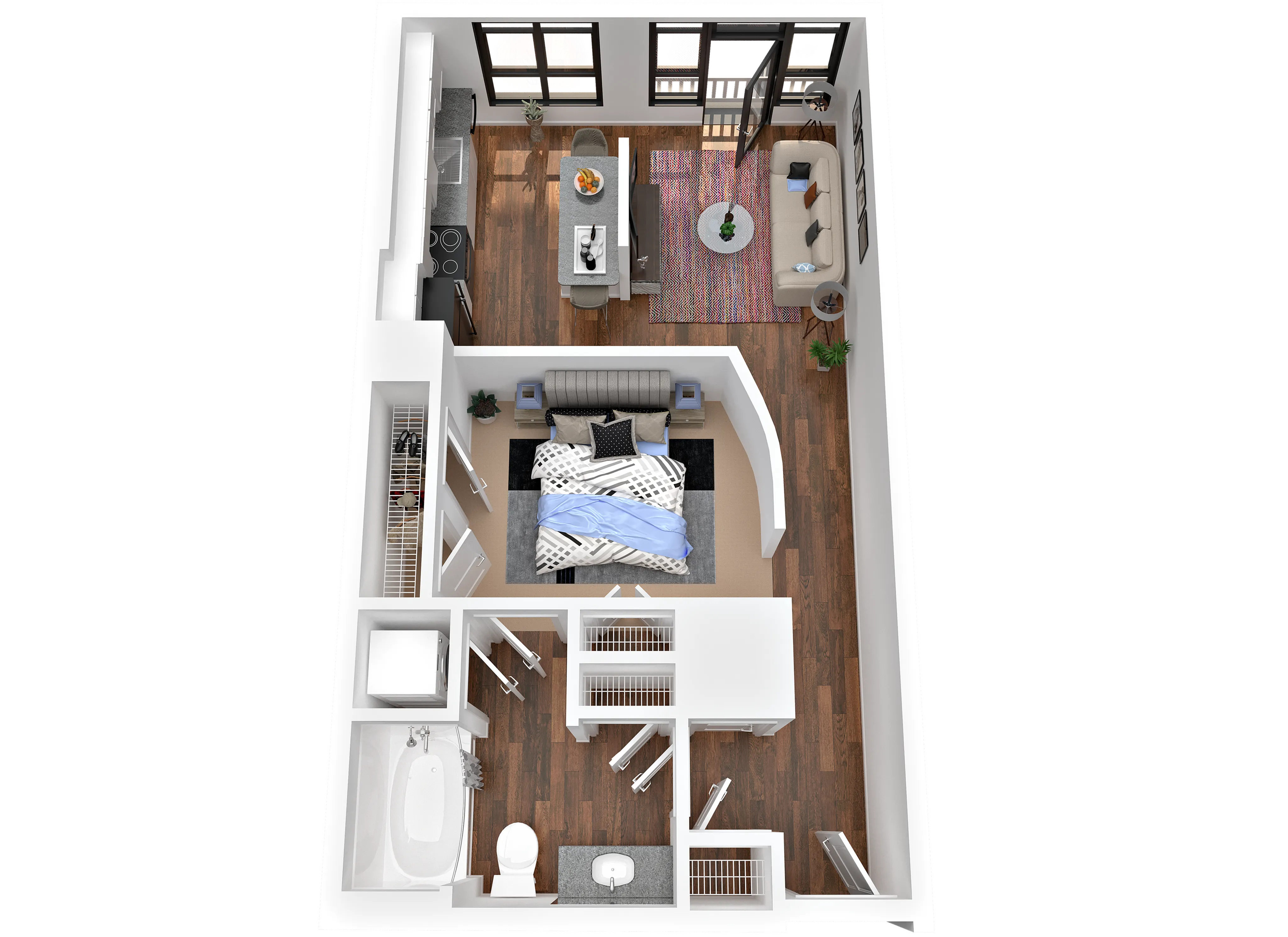Modern one-bedroom apartment layout with an open-concept kitchen, stylish living area, and cozy bedroom, featuring elegant hardwood floors and a sleek bathroom.