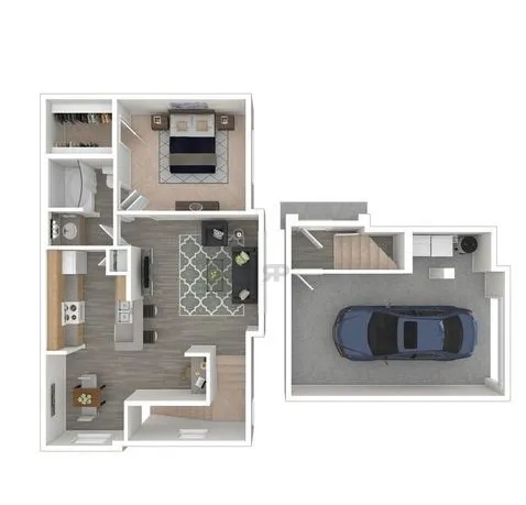 Modern 2D floor plan showcasing a cozy 1-bedroom apartment with a stylish open-concept living and kitchen area, adjacent garage, and bright interiors.