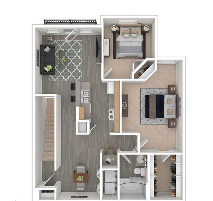 Modern 3D floor plan showcasing a stylish 2-bedroom apartment with open-concept kitchen, cozy living room, and spacious master suite.