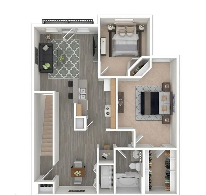 Modern floor plan showcasing 2 bedrooms, an elegant living room, and a sleek kitchen with stylish finishes.