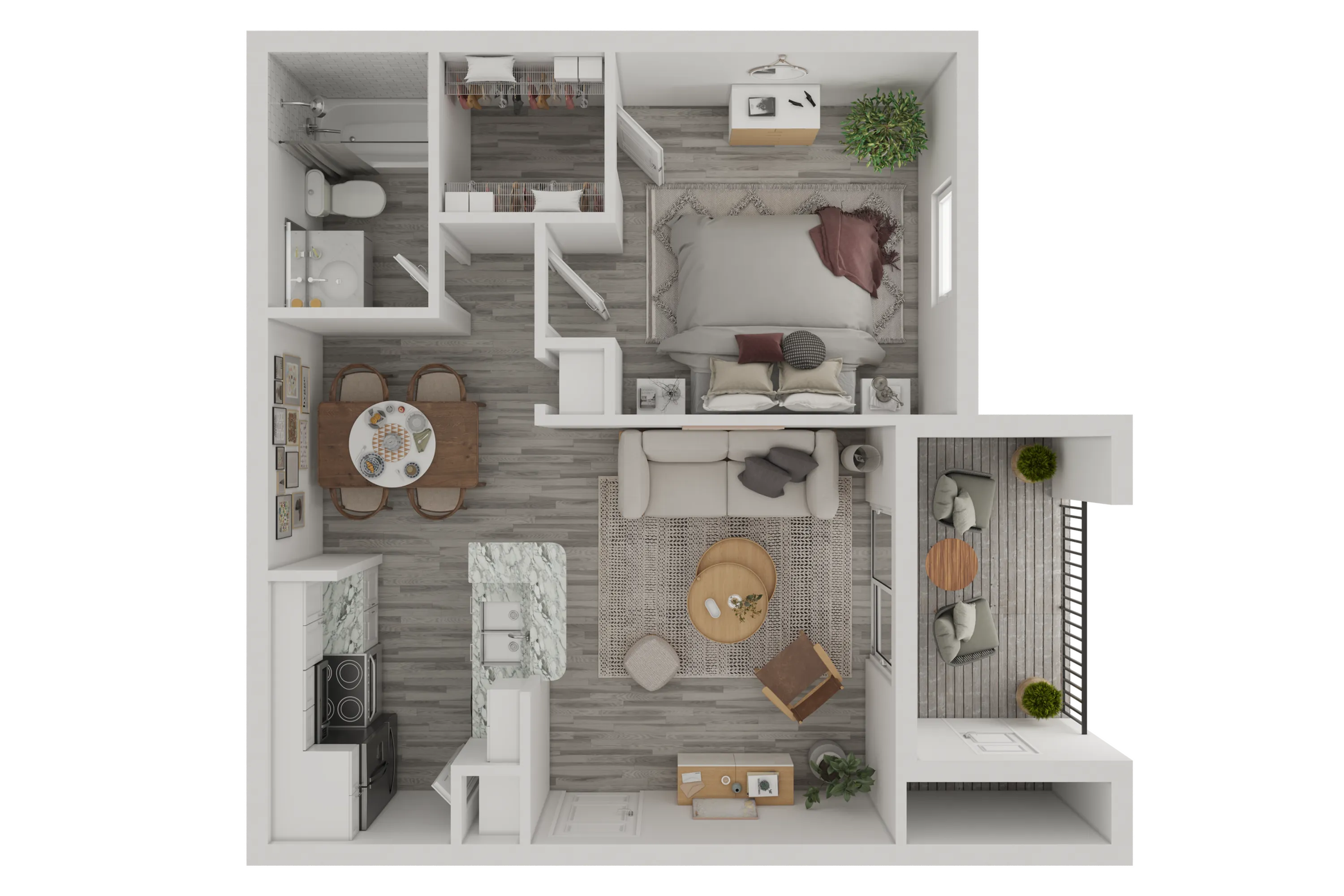 Chic 1-bedroom apartment floor plan featuring a spacious living area, modern kitchen with marble countertops, cozy dining space, elegant bathroom, and a private balcony for relaxation.