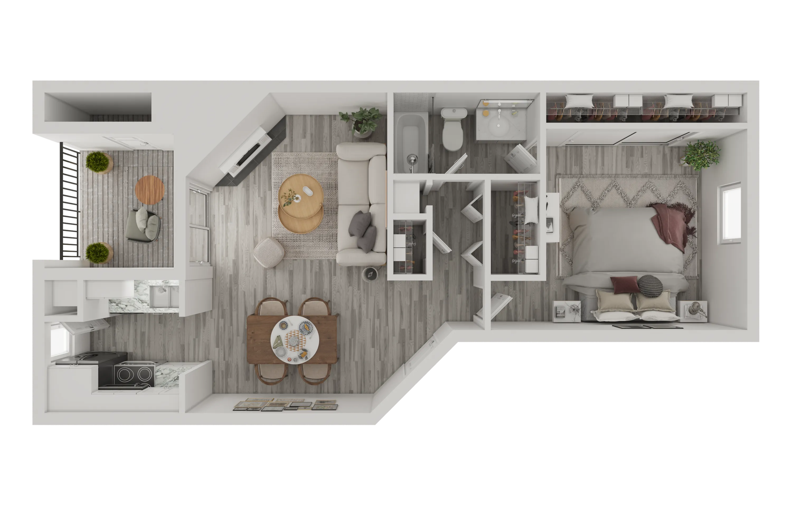 Contemporary floor plan showcasing a spacious 1-bedroom apartment with an open-concept living room, modern kitchen, and stylish bathroom.