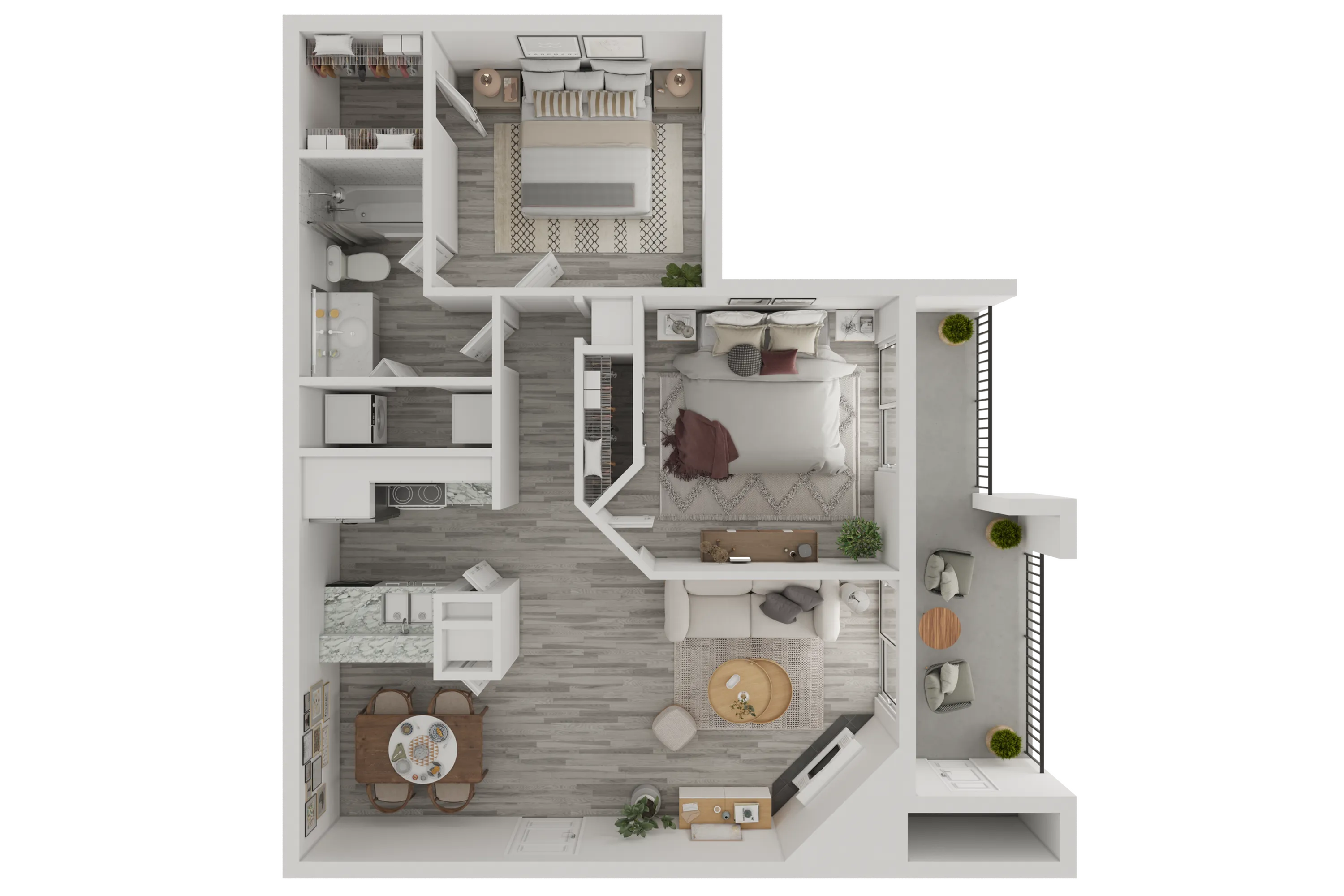 Modern 2D floor plan with 2 bedrooms, a sleek open-space kitchen, cozy living room, and a stylish balcony for urban living.