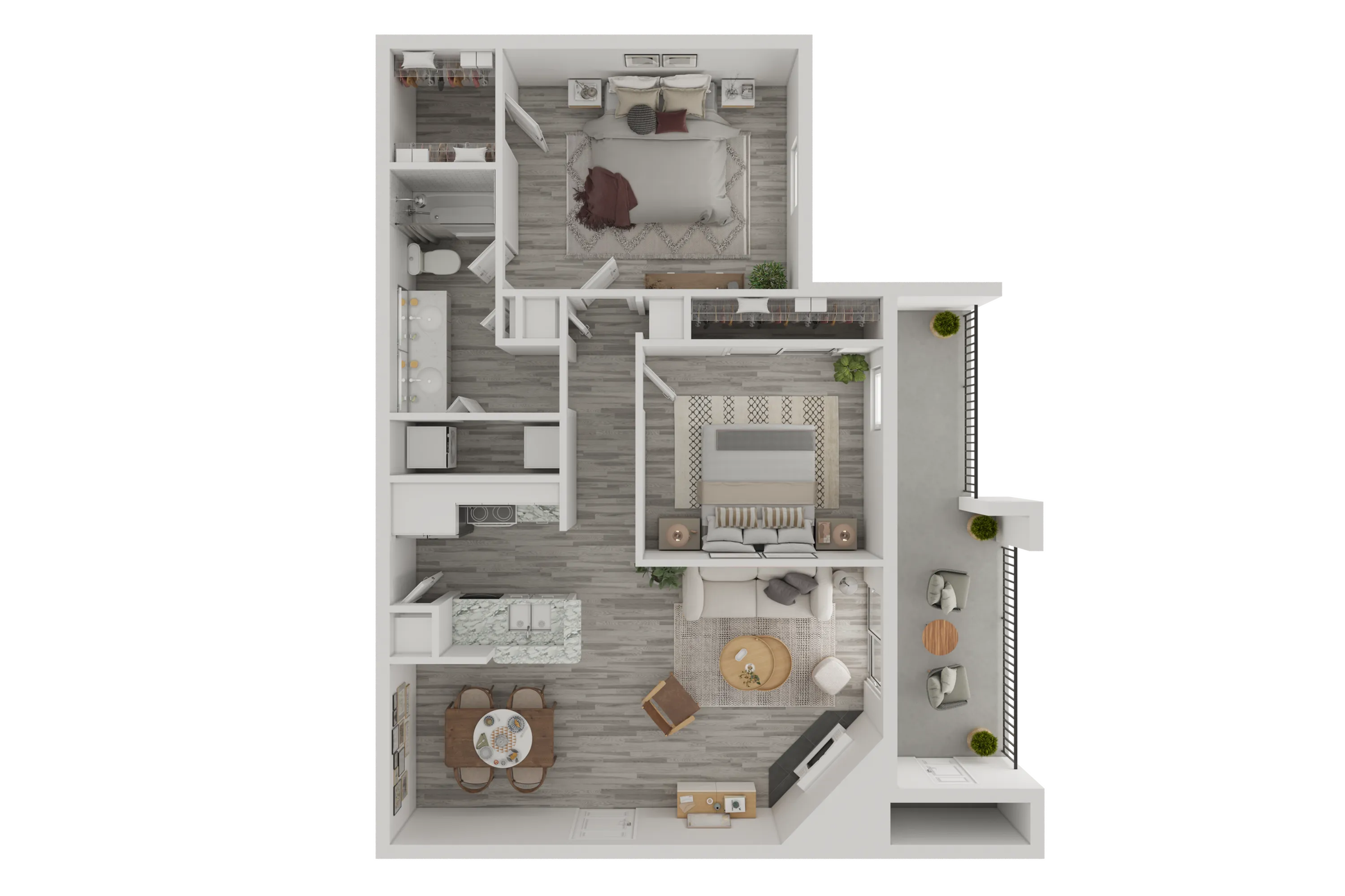 Modern 2D floor plan showcasing two spacious bedrooms, a stylish open-concept living area, gourmet kitchen with dining space, and a welcoming balcony for perfect outdoor relaxation.