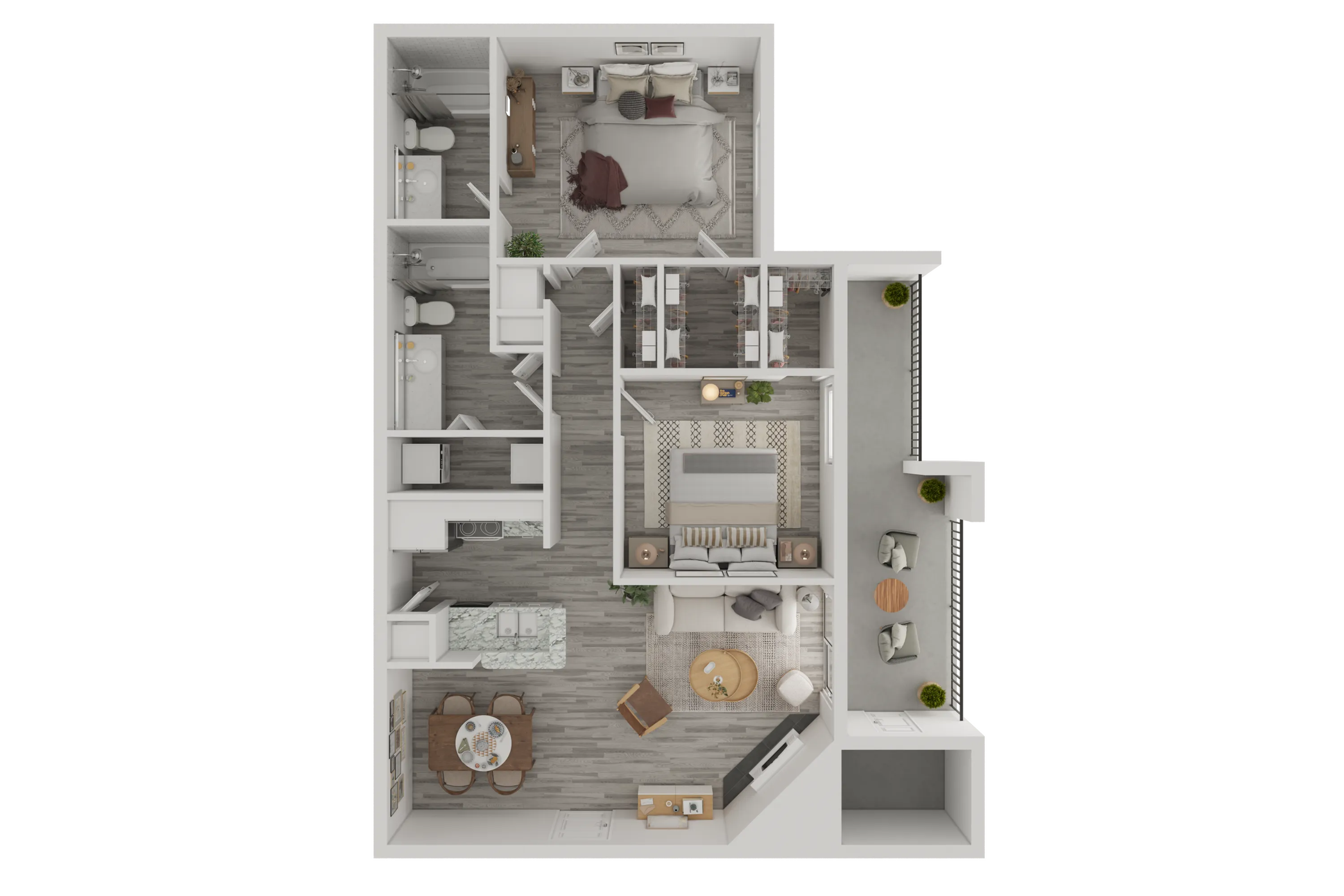Chic 3D floor plan featuring a cozy bedroom, two bathrooms, a modern kitchen, dining area, and an inviting living room with balcony access.