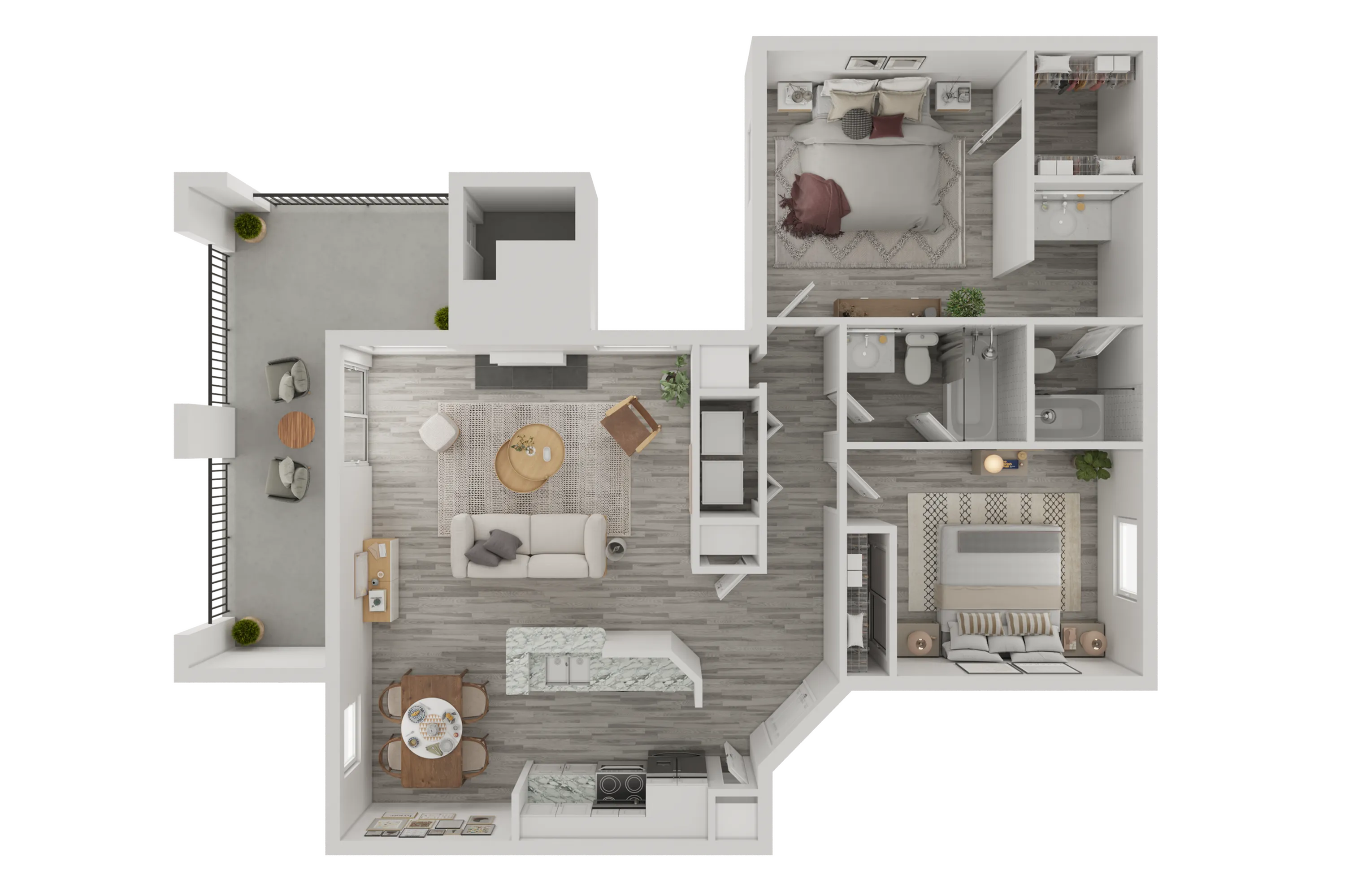 Modern floor plan showcasing 2 bedrooms, spacious living room, sleek kitchen, and chic balcony area.