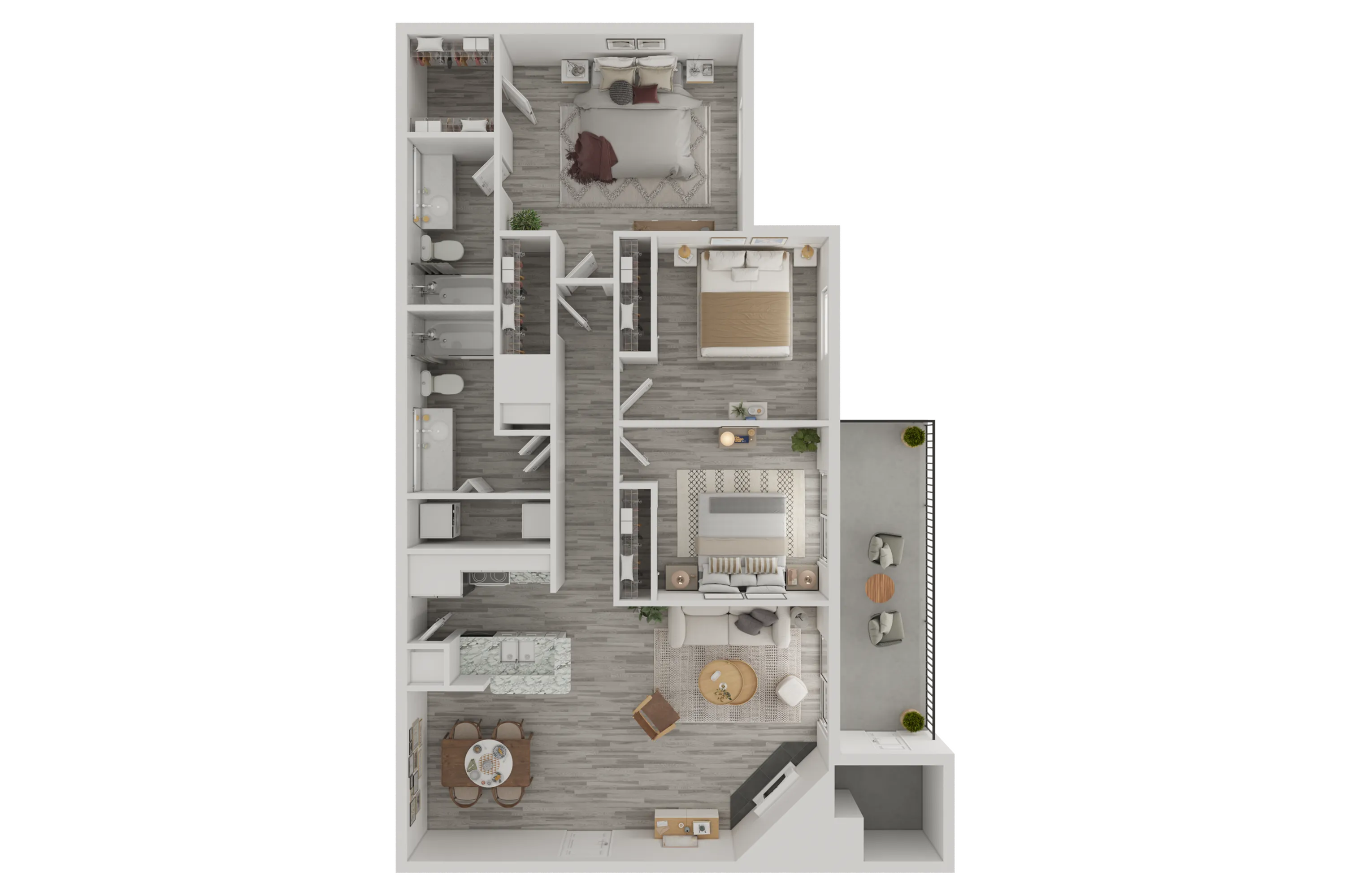 Modern 3D floor plan showcasing 2 spacious bedrooms, elegant open-concept living and dining area, and a sleek kitchen leading to a tranquil balcony.