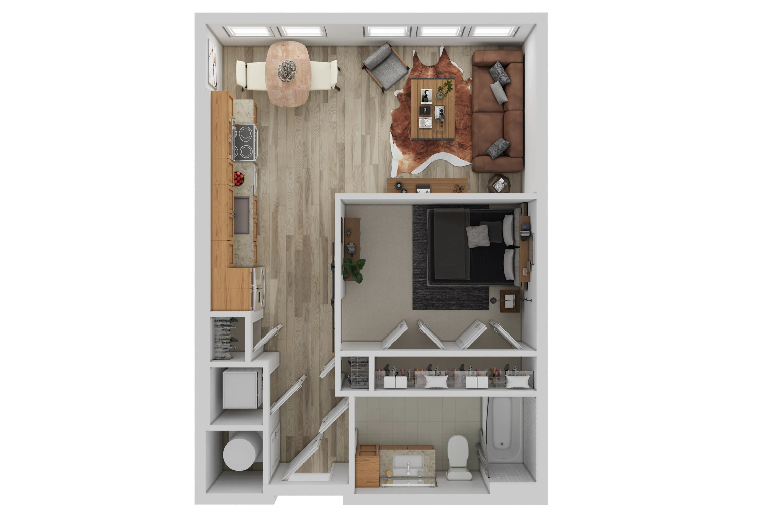 Inviting one-bedroom apartment floor plan with open kitchen, cozy living room, and modern bathroom.