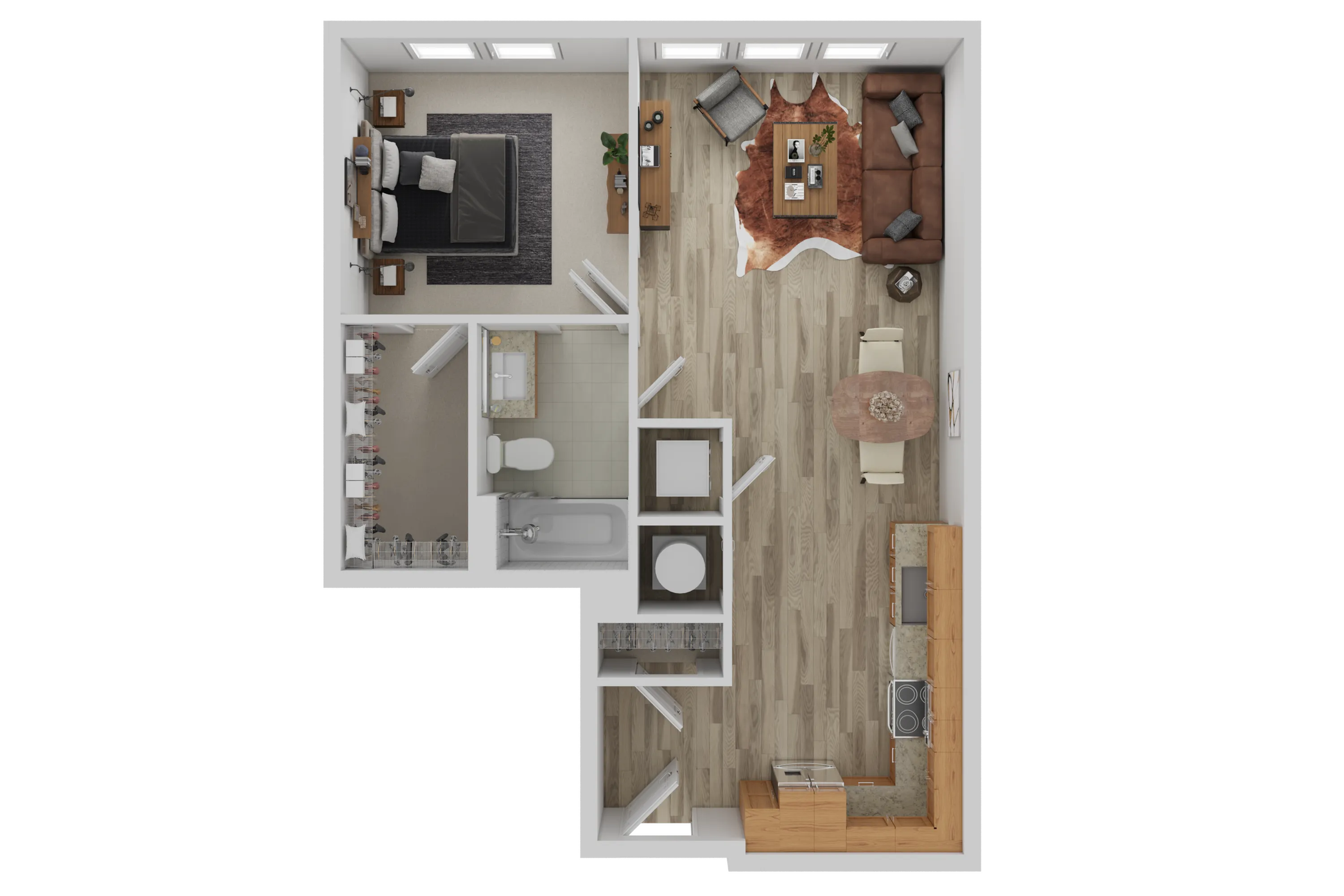 Modern floor plan featuring an inviting open-concept living room with a cozy dining area, spacious kitchen, well-appointed bedroom, and stylishly tiled bathroom.