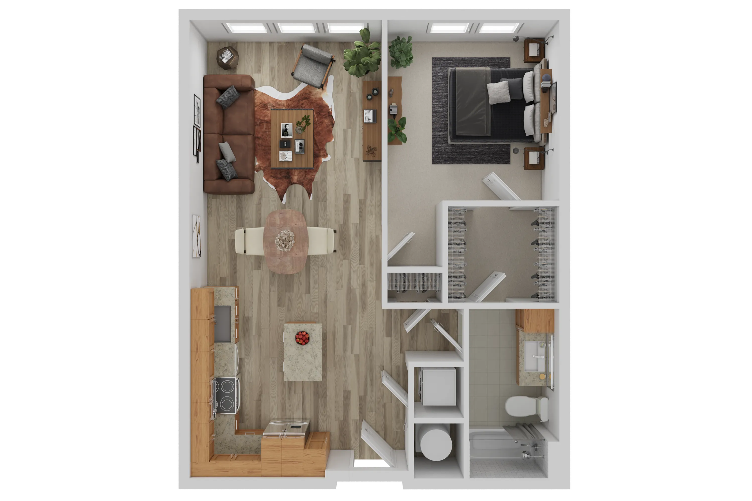 Modern 2D floor plan showcasing a spacious 1-bedroom layout with an open-concept living room, elegant kitchen, and sleek bathroom design.