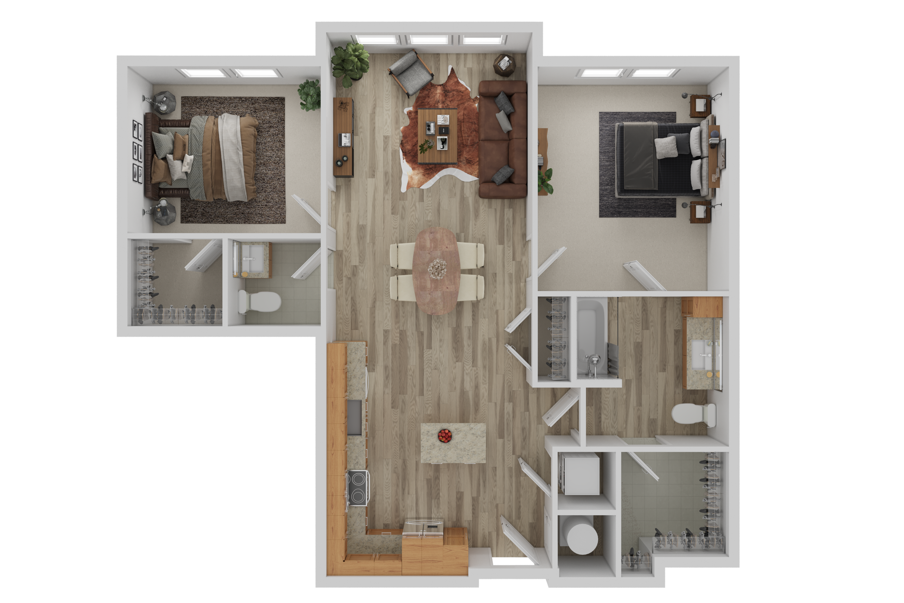 Modern floor plan showcasing 2 cozy bedrooms, a spacious living area with stylish furniture, and an open-concept kitchen with chic dining space.