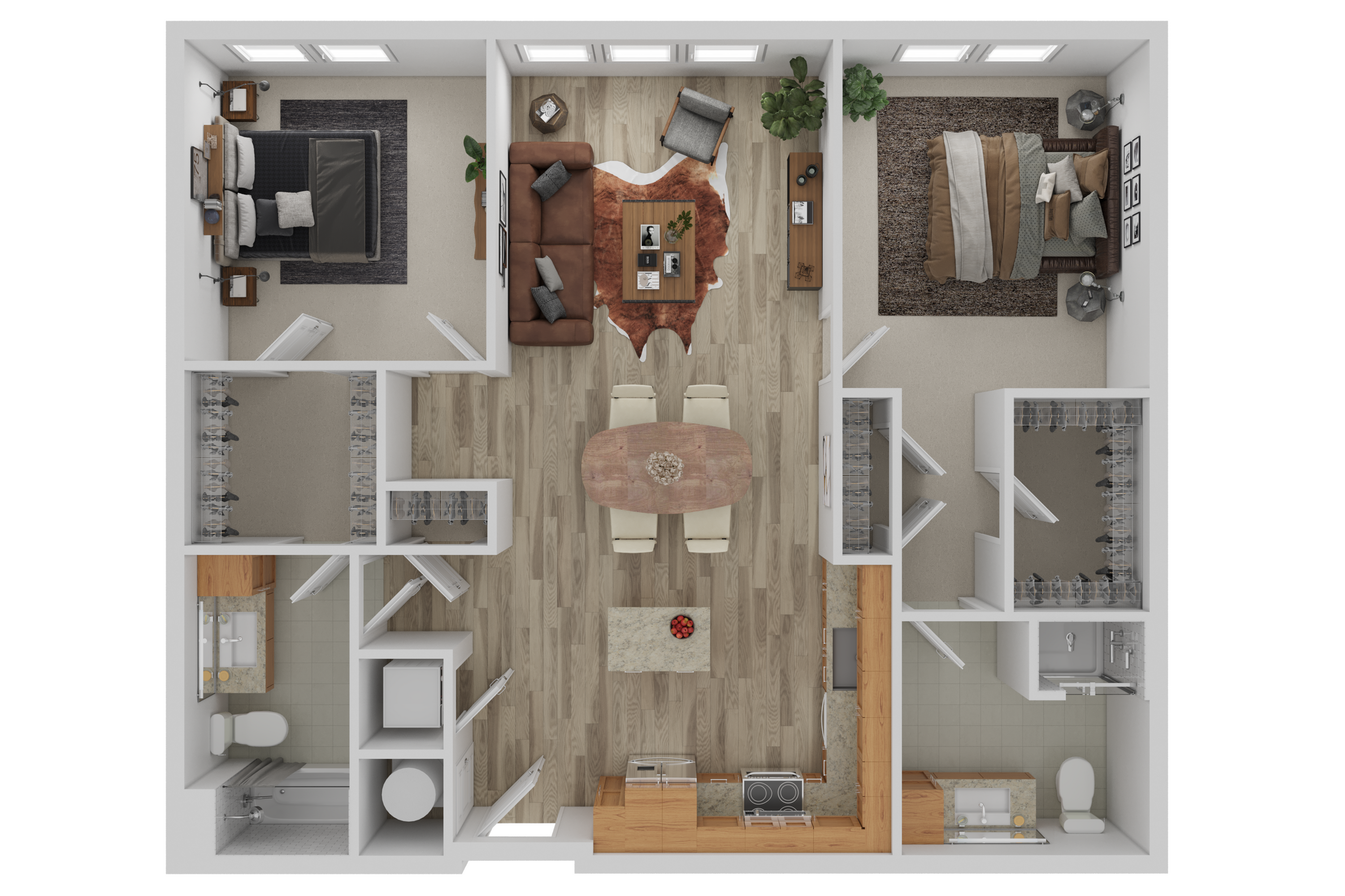 Chic 3D floor plan showcasing a modern 2-bedroom apartment with an open living area, stylish kitchen, and two luxurious bathrooms.