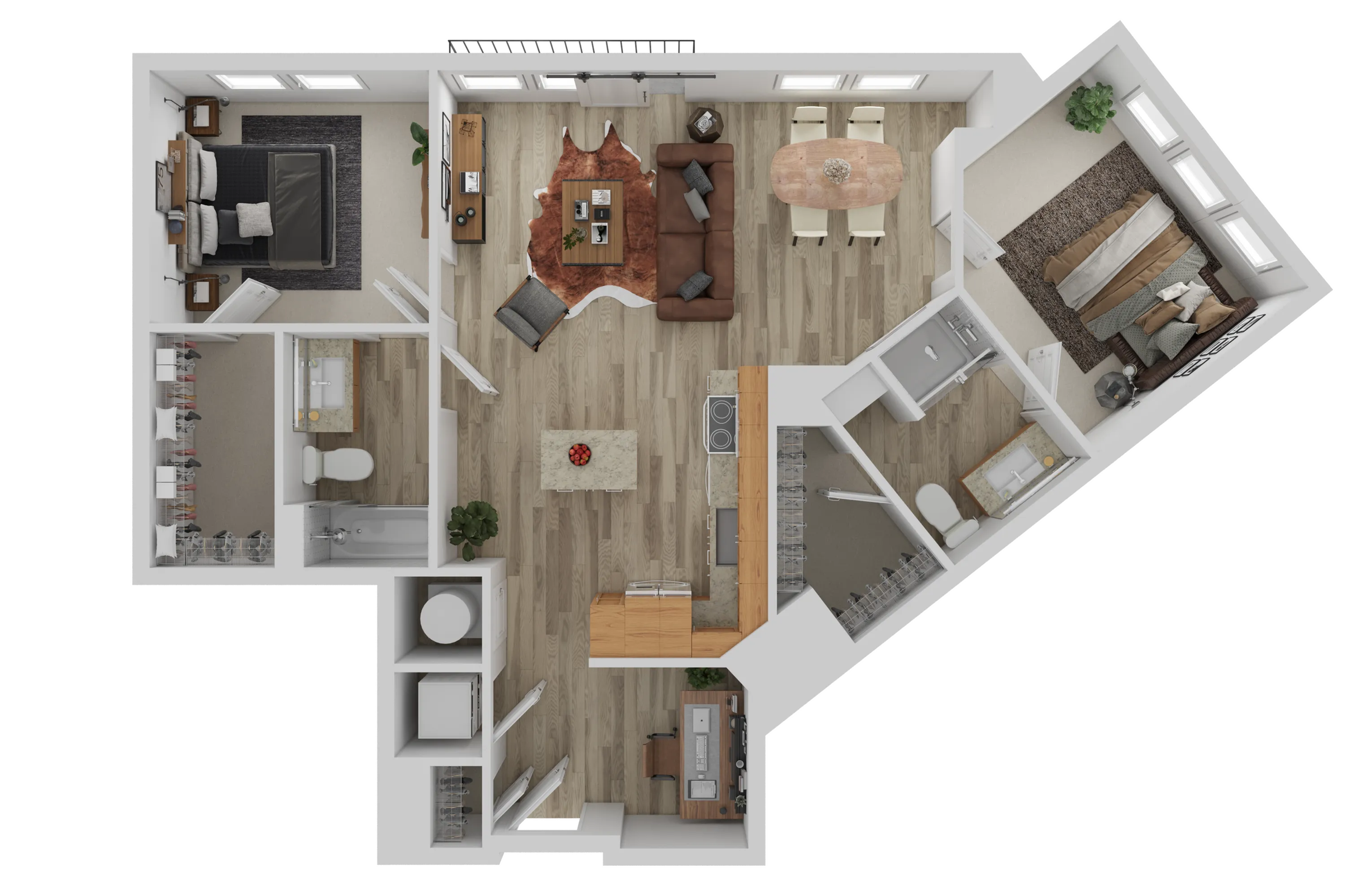 Modern apartment floor plan showcasing open-concept living with two bedrooms, two bathrooms, and a stylish kitchen.