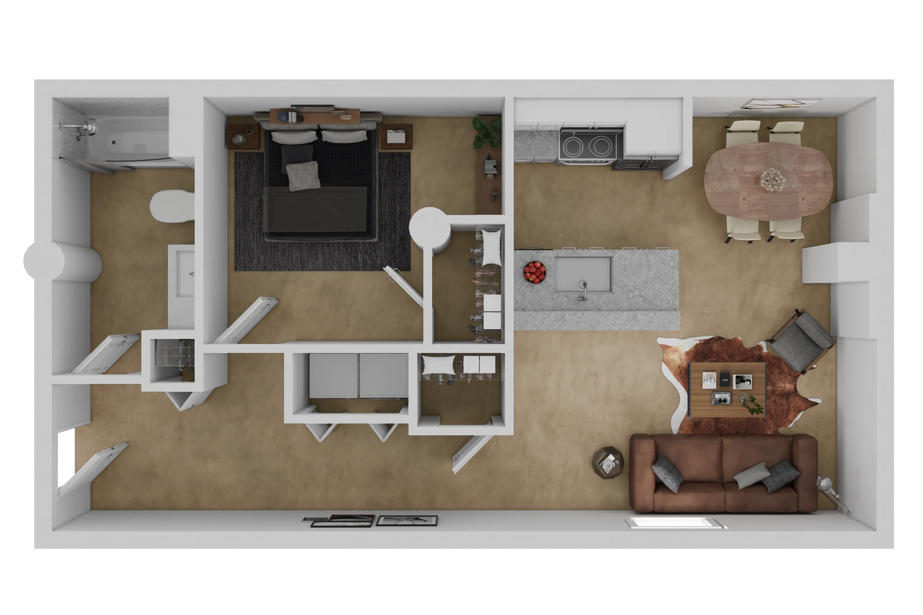 Contemporary floor plan featuring a spacious open-concept living area, stylish kitchen with island, cozy dining space, and elegant master bedroom with ensuite bathroom.
