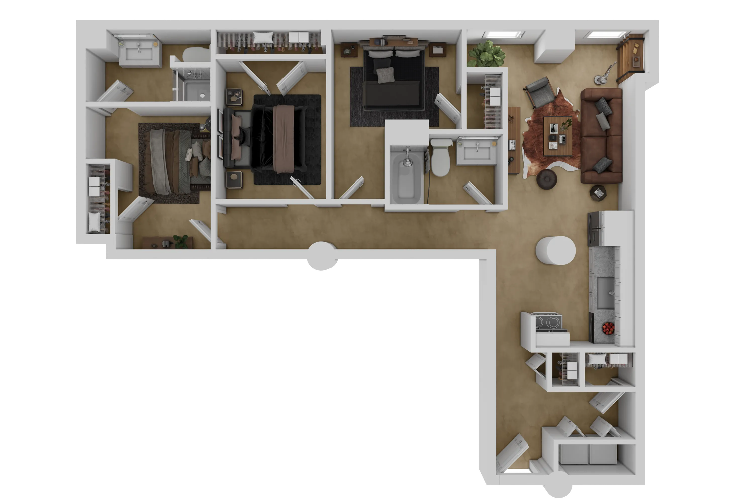 Modern L-shaped floor plan showcasing two cozy bedrooms, a welcoming living area, and a sleek kitchen, perfect for stylish urban living.
